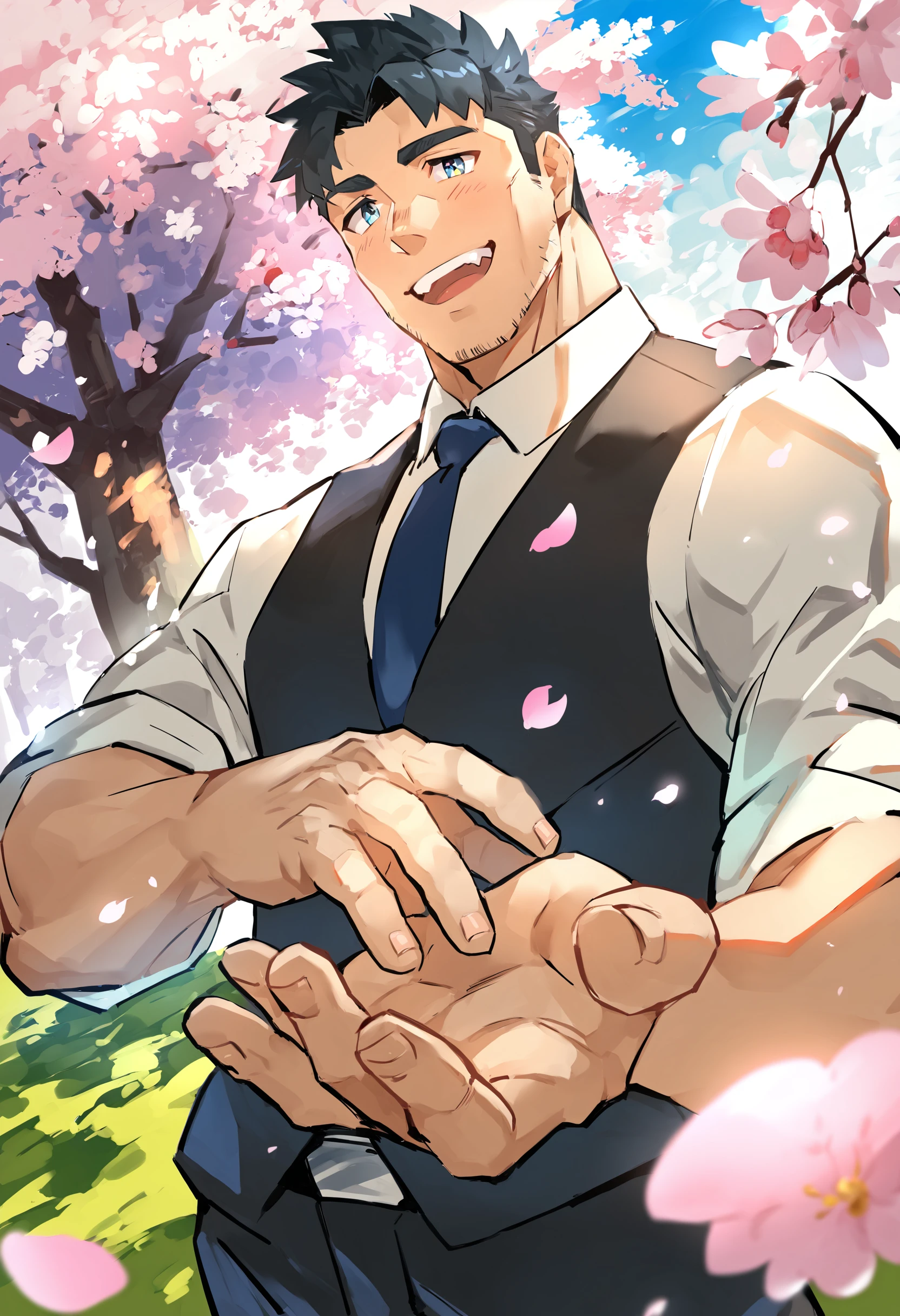 1boy, male focus, solo, mature, male only, tough man, bold, eyes fix, flat chest, sturdy waist, 50 years old, hold out your hand, short hair, black hair, smile, open mouth, teeth, white collared shirt, necktie, vest, tree, petals, cherry blossoms, facing viewer, sleeves rolled up, black vest, best quality, amazing quality, best aesthetic, absurdres, tofulabo <lora:tofulabo_AnimeBoysXL_v1.0:1>