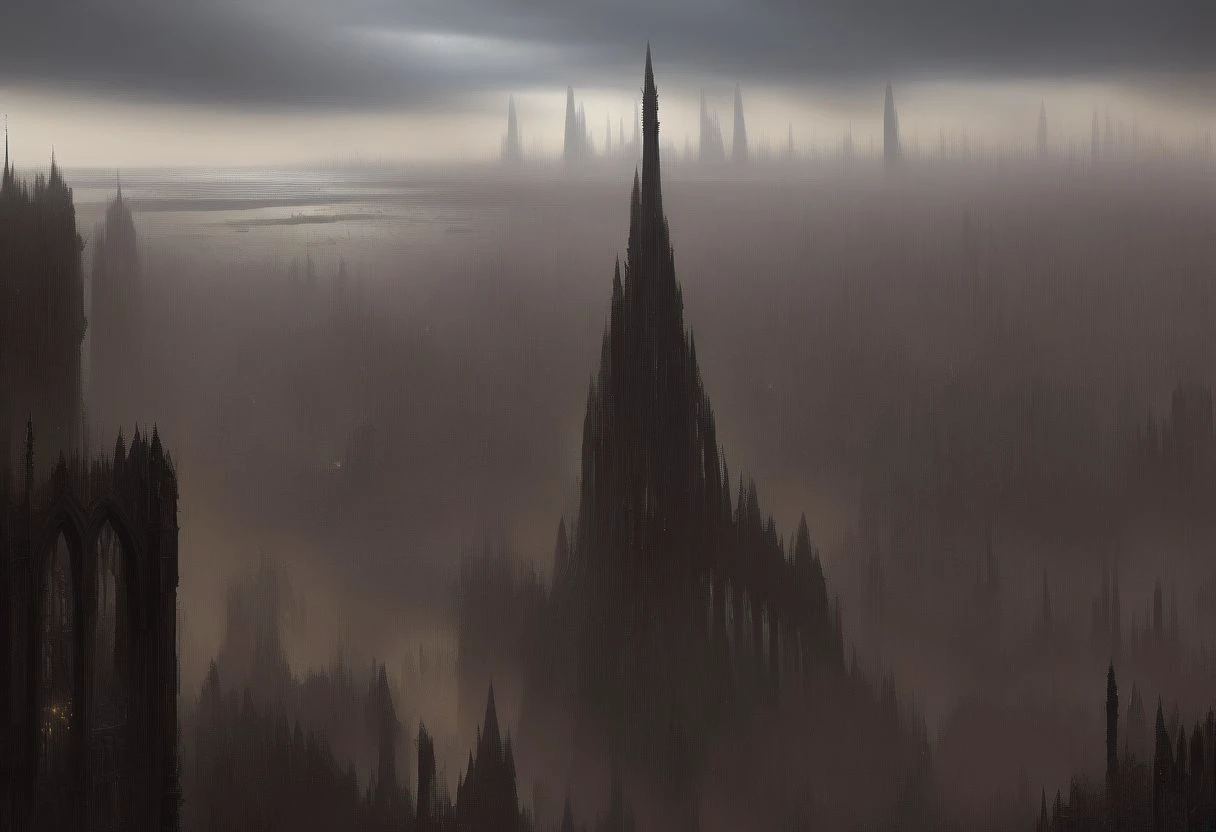 a sprawling hive city, rising up from the ash wastes, cityscape, spires, dystopia, wh40k10m