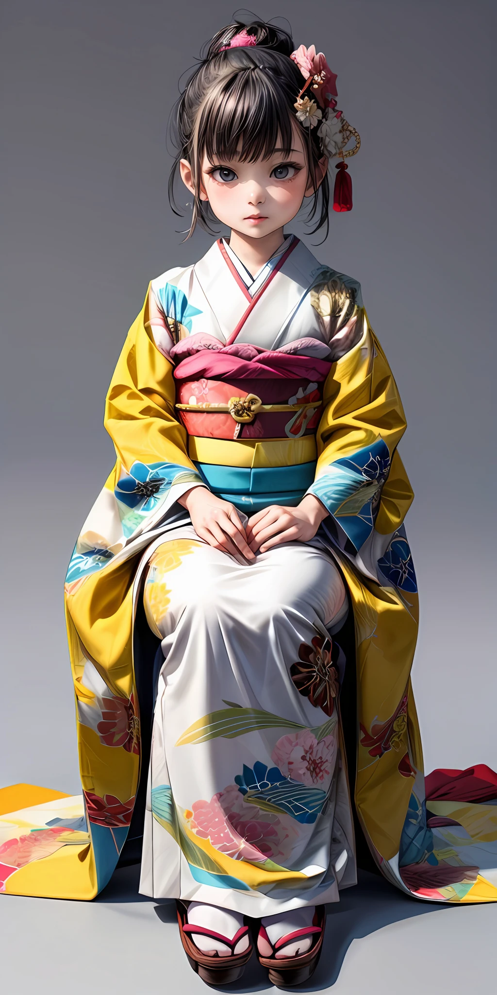 (masterpiece,ultra-detailed,best quality,8K,CG,illustration,shaved:1.0),(ite girl:1.2), <lora:more_details:1> ,simple background, <lora:jyoji fuku v15.0:0.5> jyojifuku, furisode, kimono, long sleeves, hair ornament, sitting