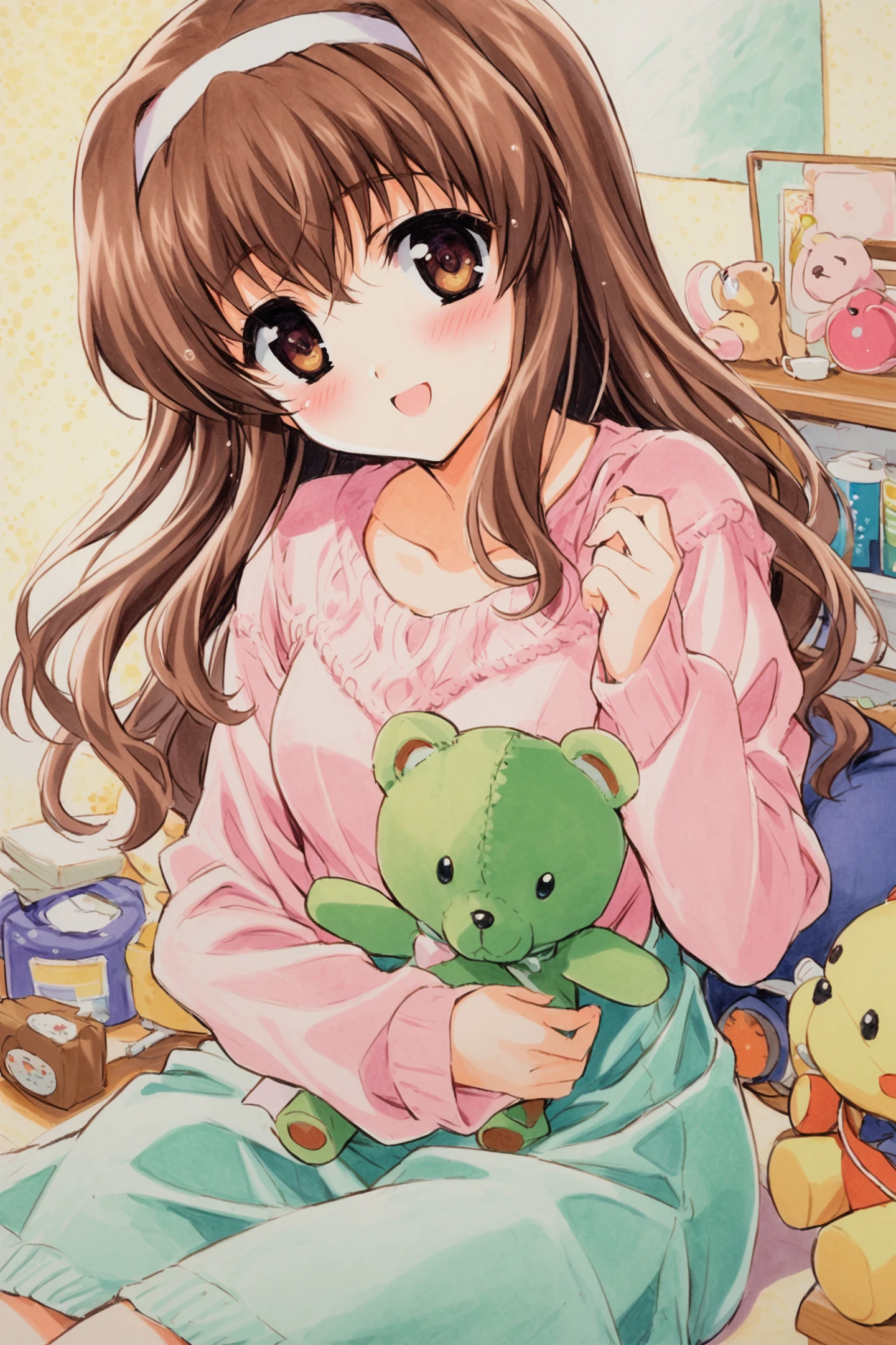 Nogizaka Haruka, 1girl, brown hair, solo, long hair, brown eyes, blush, hairband, sweater, long sleeves, looking at viewer, stuffed toy, open mouth, stuffed animal, holding, smile, dress, sitting, traditional media,<lora:shaa_XL:0.8>,