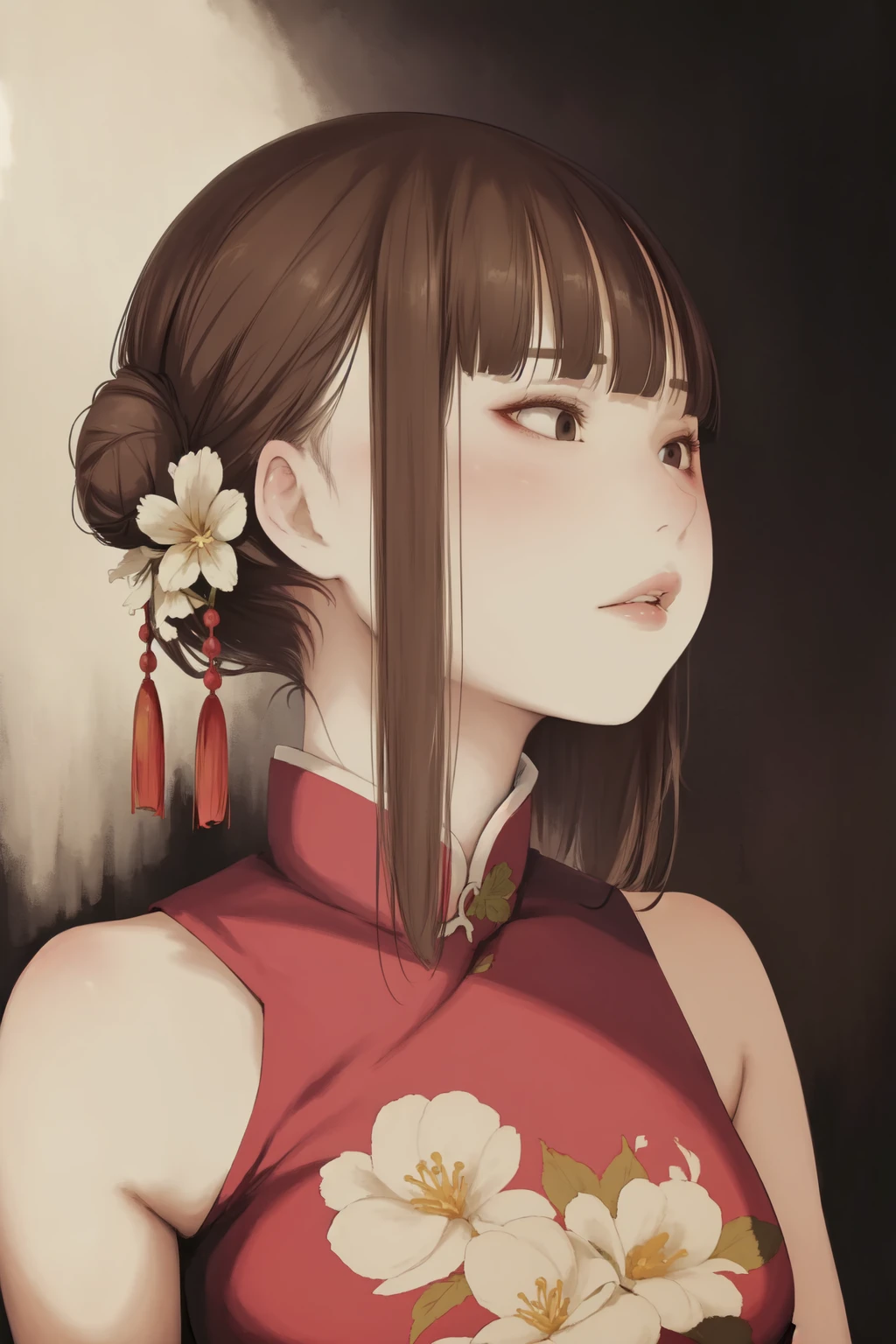 (masterpiece, best quality:1.2), 1girl, solo, brown hair, brown eyes, black background, bangs, hair ornament, lips, upper body, simple background, chinese clothes, looking to the side, flower, blunt bangs, closed mouth, floral print, looking away, hair bun, nose, hanbok, single hair bun, black eyes, portrait, short hair, hair flower, hair stick,