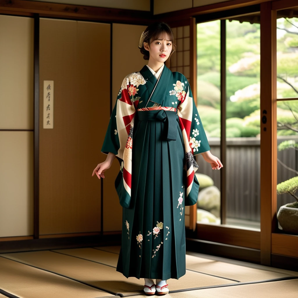 Generate a realistic image of a young girl dressed in Taisho-era clothing, specifically wearing a Hakama rental. Capture the elegance and historical accuracy of the outfit, highlighting the unique design and patterns characteristic of the period. The scene should reflect a serene and culturally rich setting, possibly with traditional Japanese elements in the background like sliding doors or a tranquil garden. Focus on the details of the Hakama, from its flowing fabric to the intricate accessories, showcasing the beauty and grace of traditional Japanese attire,full body, <lora:hakama:0.85>