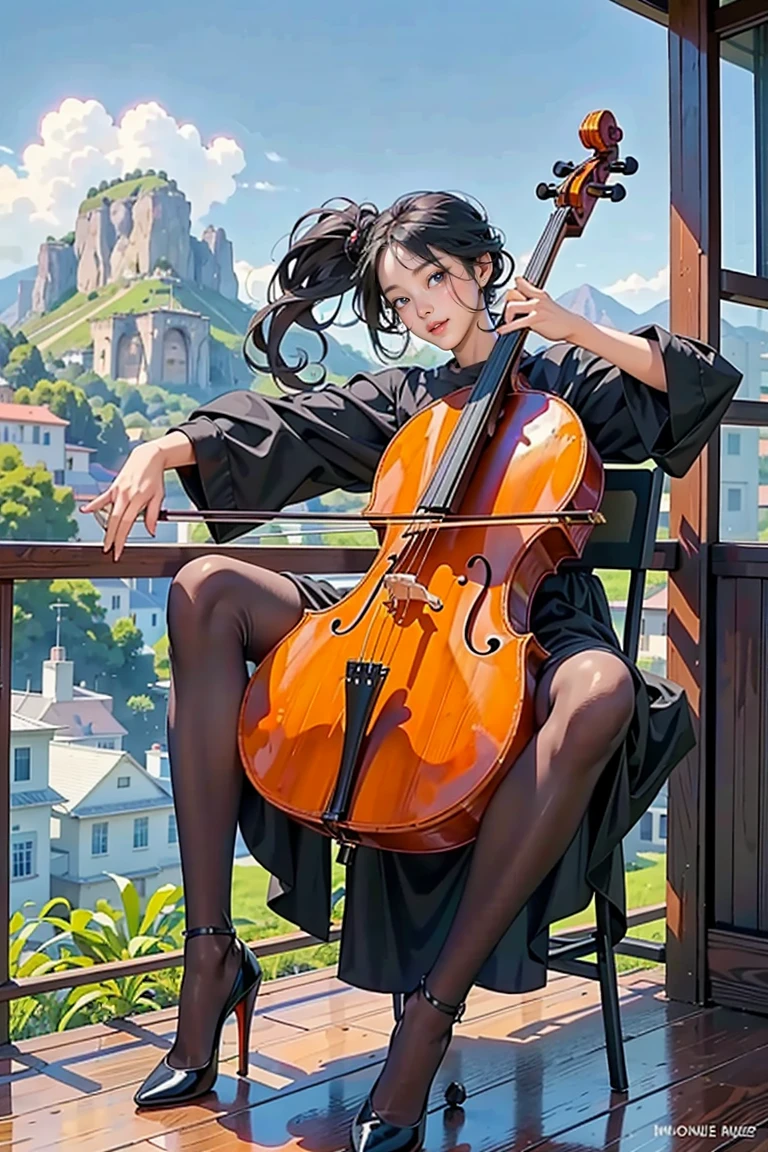 1girl, playing cello, cello,bow \(music\),

(pantyhose, high-heels, long and slender and beautiful legs),  black hair, sitting, outdoor, bare arms, bikini, bra, 
 __str2__, __str1__, masterpiece, best quality,8k