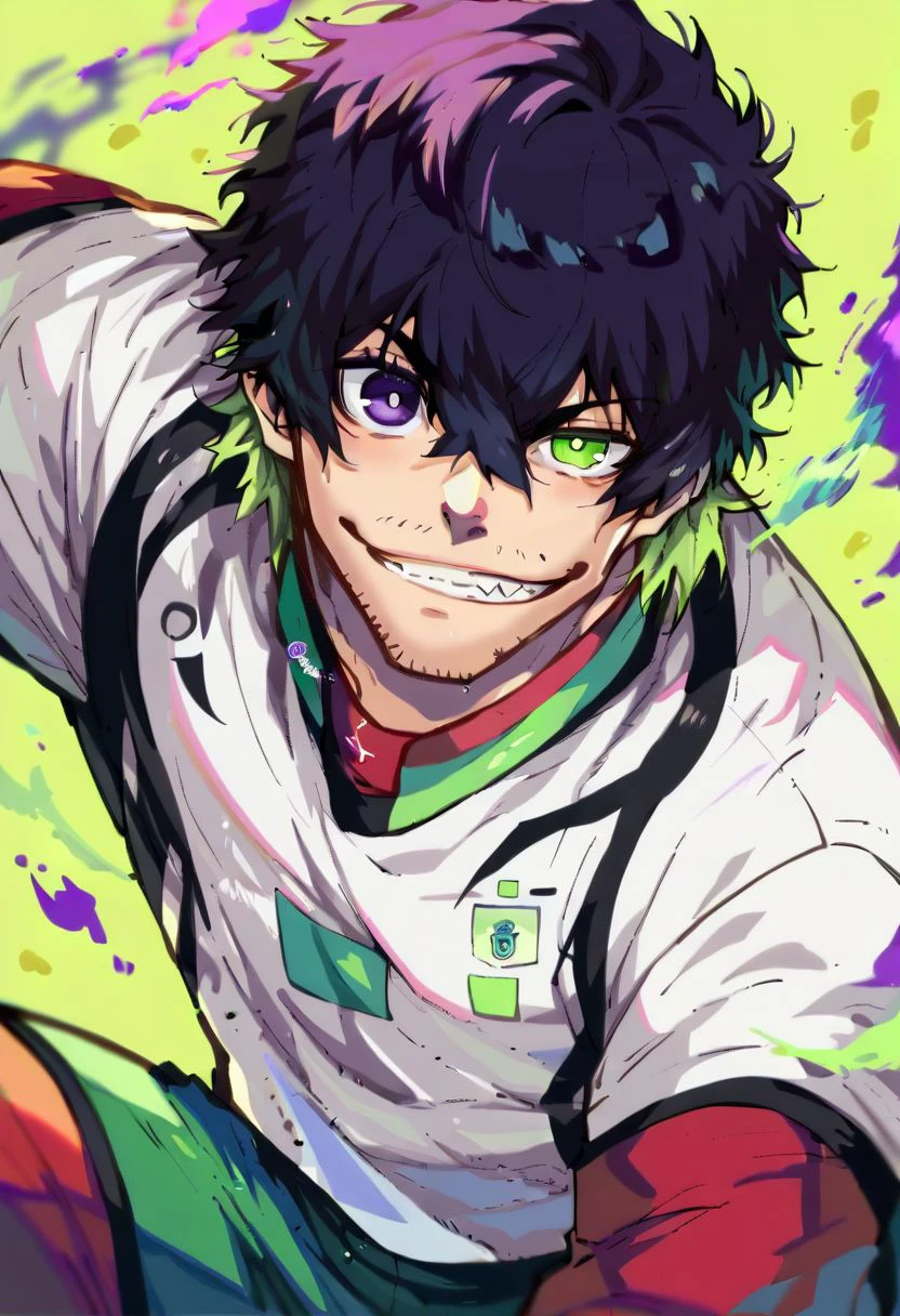 score_9, score_8_up, score_7_up, oliver aiku, 1boy, solo, black hair, green hair, heterochromia, purple eyes, green eyes, facial hair, stubble, white sportswear, tongue out, grin, looking at viewer