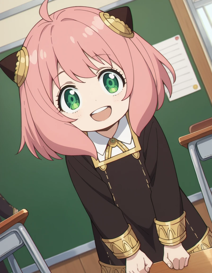 score_9, score_8_up, score_7_up, source_anime,
anyaforger, <lora:anya-forger-ponyxl-lora-nochekaiser:1>,
anya forger, anya forger, bangs, green eyes, pink hair, ahoge, hair ornament, hairpods, child, female child, smile,
long sleeves, dress, school uniform, socks, black dress, eden academy school uniform,
indoors, classroom, bent over, open mouth,
looking at viewer, cowboy shot, dutch angle,