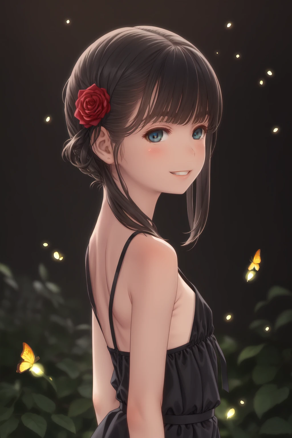 (masterpiece, best quality:1.2),
1girl, solo, (cute, petite:1.2), dark theme, dark, upper body, side face, grin, parted lips BREAK
(looking back, back focus), floating hair, black dress, bare shoulders,(delicate and beautiful eyes), flat chest, gothic fashion BREAK
(roses:1.2), fog, (fireflies), underlighting, bokeh, blurry background, strong visual impact, film lighting, from side