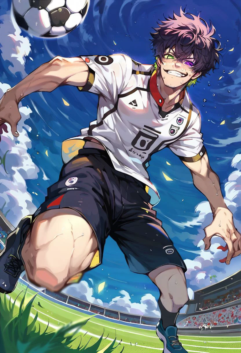 score_9, score_8_up, score_7_up, oliver aiku, 1boy, solo, black hair, green hair, heterochromia, purple eyes, green eyes, facial hair, stubble, soccer white sportswear, grin, standing, full body, looking at viewer, soccer stadium, grass, from below, nori