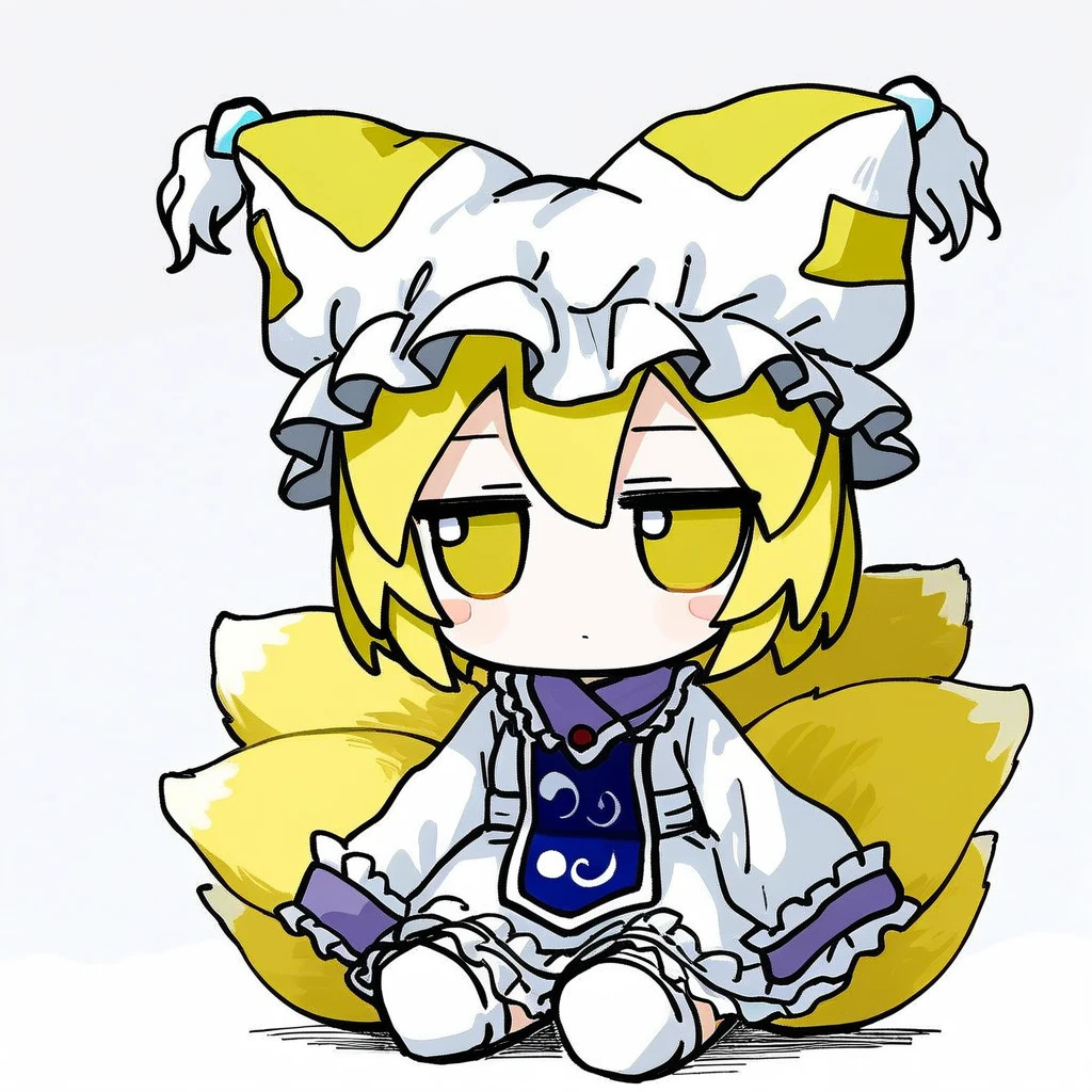 <lora:xl_fumo_(doll)(a3.1) :1>,1girl, yakumo ran, solo, blonde hair, hat, tail, multiple tails, yellow eyes, white background, dress, jitome, fox tail, mob cap, simple background, white dress, long sleeves, short hair, white headwear, tabard, chibi, closed mouth, sitting, full body, white socks, socks, chibi only, frills, sleeves past fingers, sleeves past wrists, animal hat, looking at viewer, hair between eyes, frilled dress, masterpiece,best quality,