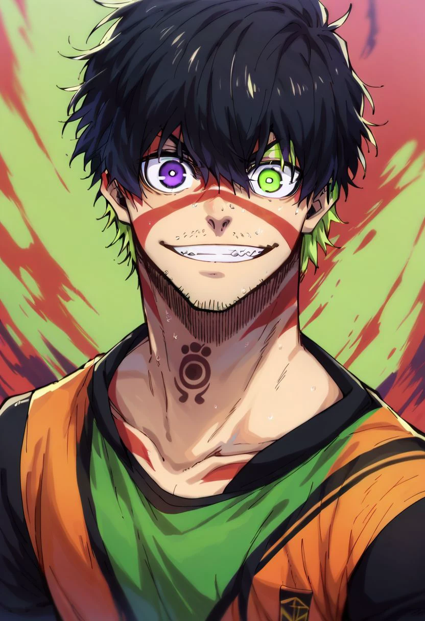 score_9, score_8_up, score_7_up, oliver aiku, 1boy, solo, black hair, green hair, heterochromia, purple eyes, green eyes, facial hair, stubble, tattoos, body paint, grin, standing, full body, looking at viewer,