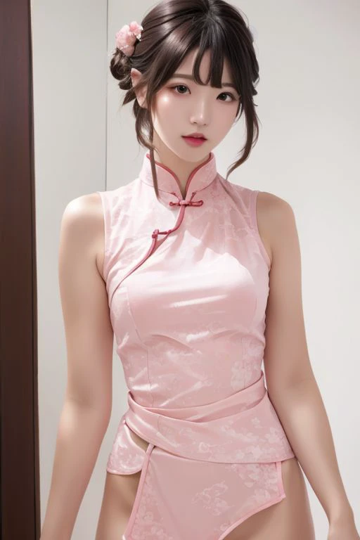 1girl,1 face,bangs,cosmetic textures,cosmetic features,Photorealistic, Attractive Model Masterpiece, //stunning narrow waist,Artstation. 8k sharp focus, photorealism,nsfw,uncensored,(slim:1.2),//pink silky cheongsam,pink silky qipao