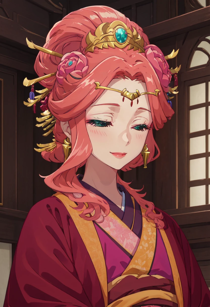 best quality, masterpiece, highres, solo, (gyokuyou_theapothecarydiaries:1.10), 1girl, kimono, lipstick, upper body, jewelry, hair stick, smile, closed eyes, rose, anime_style, 0 <lora:gyokuyou_theapothecarydiaries:0.80>