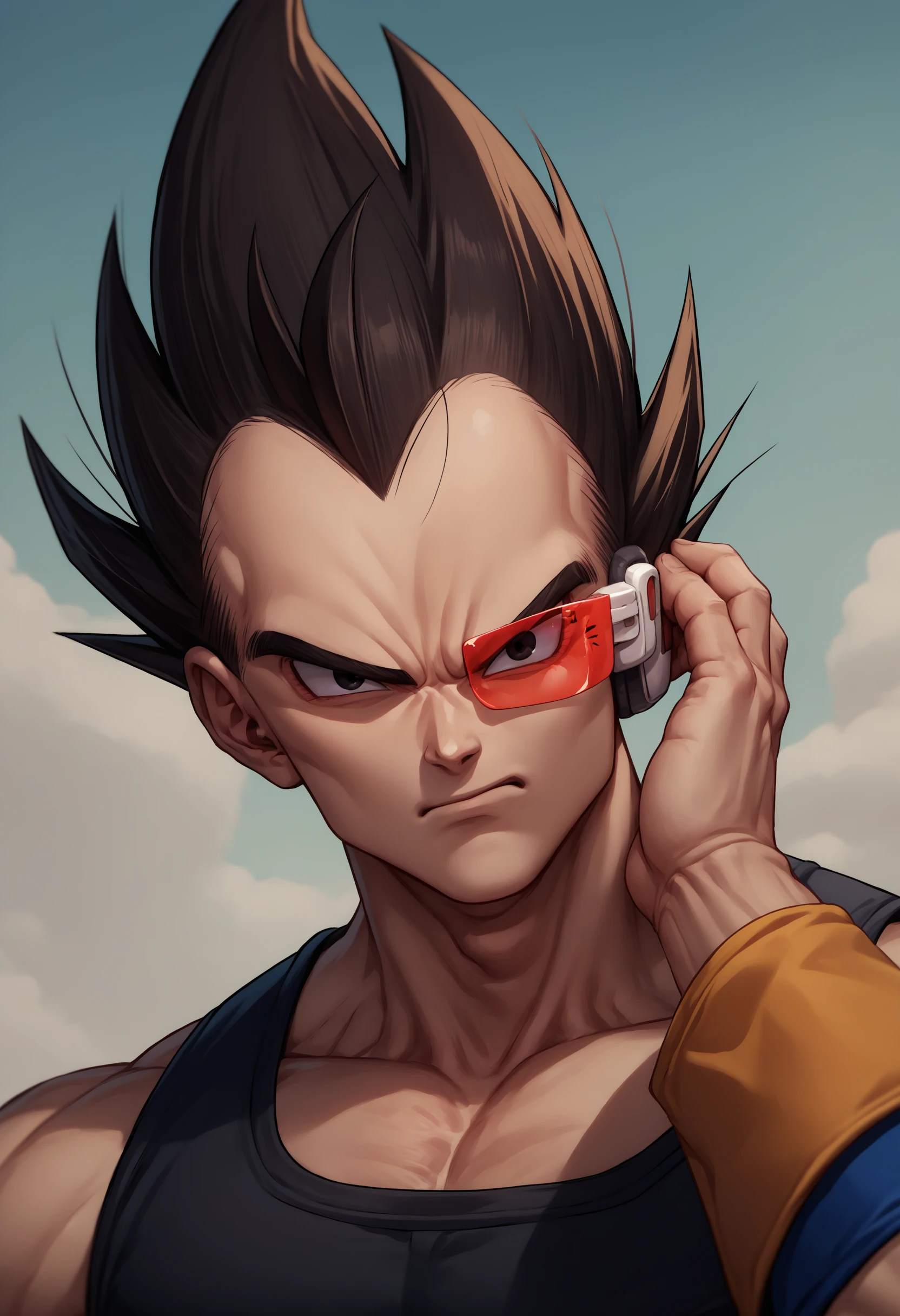 score_9, score_8_up, score_7_up, source_anime, 1boy, scouter, tinted eyewear, <lora:Scouter_XLPD:1>, upper body, vegeta, dragon ball, portrait, looking at viewer, angry, black eyes, hand on own ear,