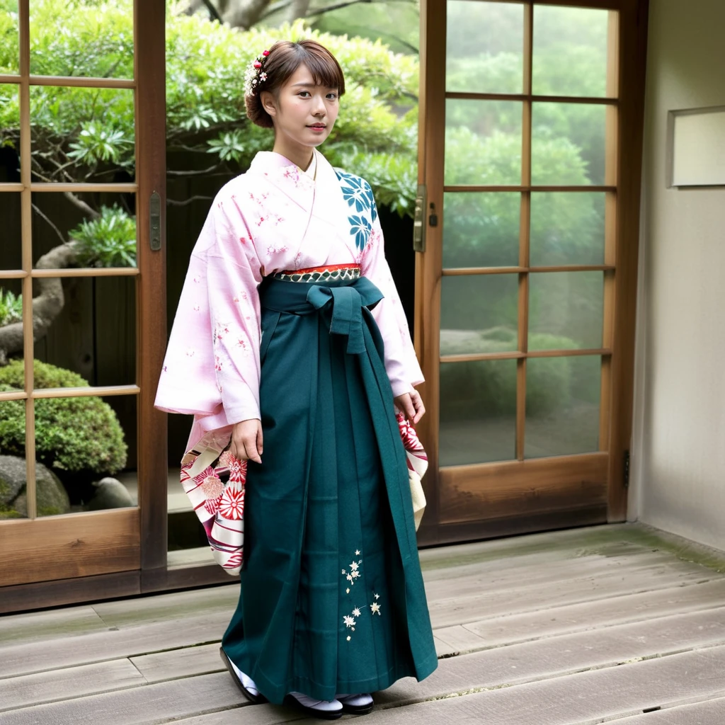 Generate a realistic image of a young girl dressed in Taisho-era clothing, specifically wearing a Hakama rental. Capture the elegance and historical accuracy of the outfit, highlighting the unique design and patterns characteristic of the period. The scene should reflect a serene and culturally rich setting, possibly with traditional Japanese elements in the background like sliding doors or a tranquil garden. Focus on the details of the Hakama, from its flowing fabric to the intricate accessories, showcasing the beauty and grace of traditional Japanese attire,full body, <lora:hakama:0.85>