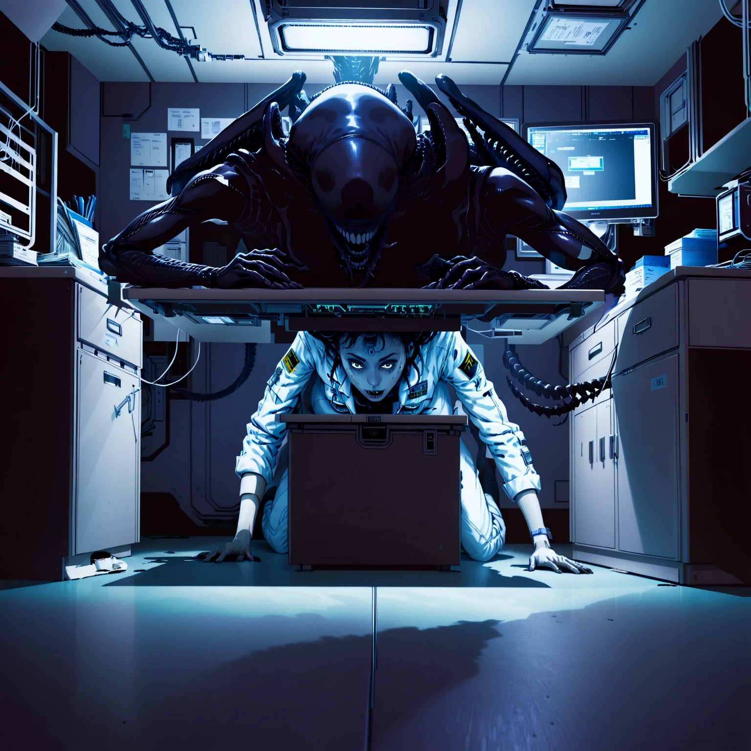 a woman in a labcoat hiding under a desk, space station, office, dim lighting, horror_(theme), hunted, xenomorph