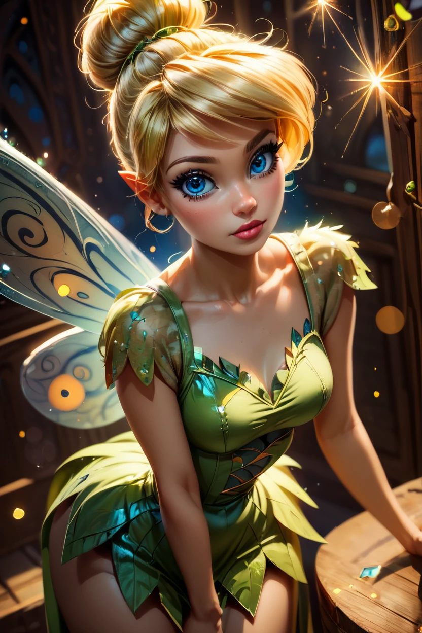score_9, score_8_up, score_8, medium breasts, (ultra realistic,32k, masterpiece:1.2),(high detailed skin:1.1),( high quality:1.1), (curvy), cute, eyelashes, TinkerWaifu, magic particles, leaning forward, medium breasts, narrow waist, fairy wings, blue eyes, green dress, sexy, hair bun, looking at viewer, cowboy shot, <lora:tinkerbellPonyXL_character-10:0.7>, bokeh, luminescent background,