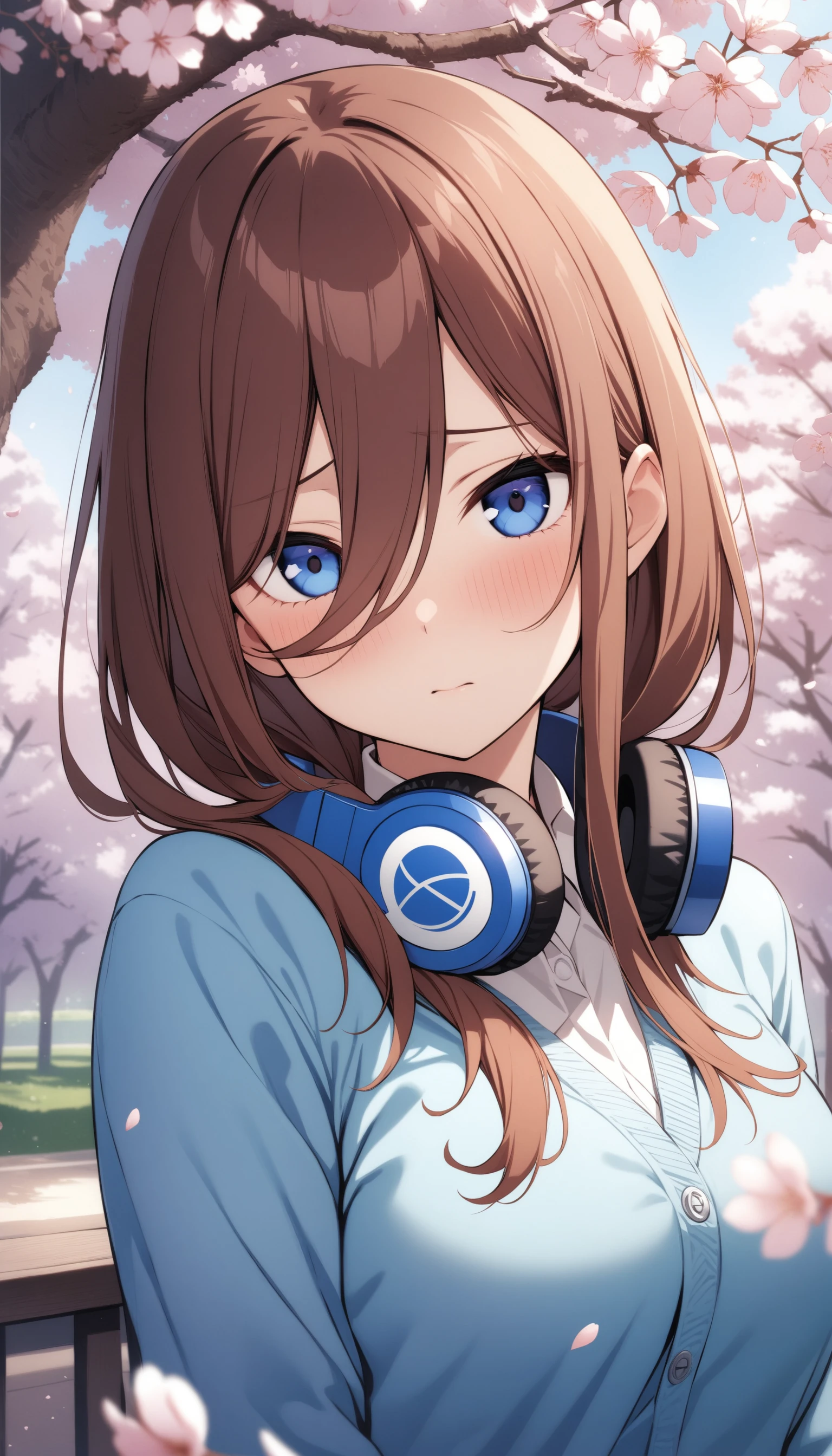 (masterpiece, best quality, very aesthetic, ultra detailed), intricate details,
1girl, nakano miku, go-toubun no hanayome, blue eyes, brown hair, blue cardigan, collared shirt, long sleeves, headphones around neck, long hair, shy, looking at viewer, upper body, outdoors, cherry blossoms,
