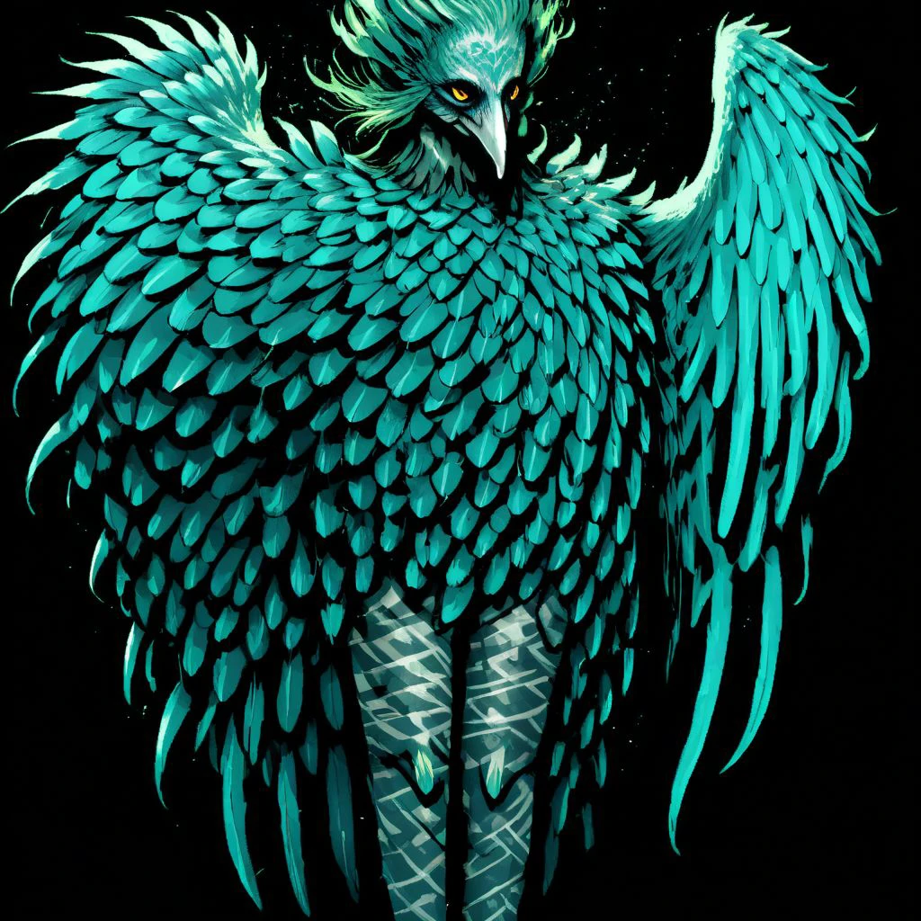 wizardry, illustration, beautiful Female monster, Humanoid  Creature, feathers, long bird leg talons, black background, tattoos, holding a spear, mythical, mint turquoise color palette, Harpy