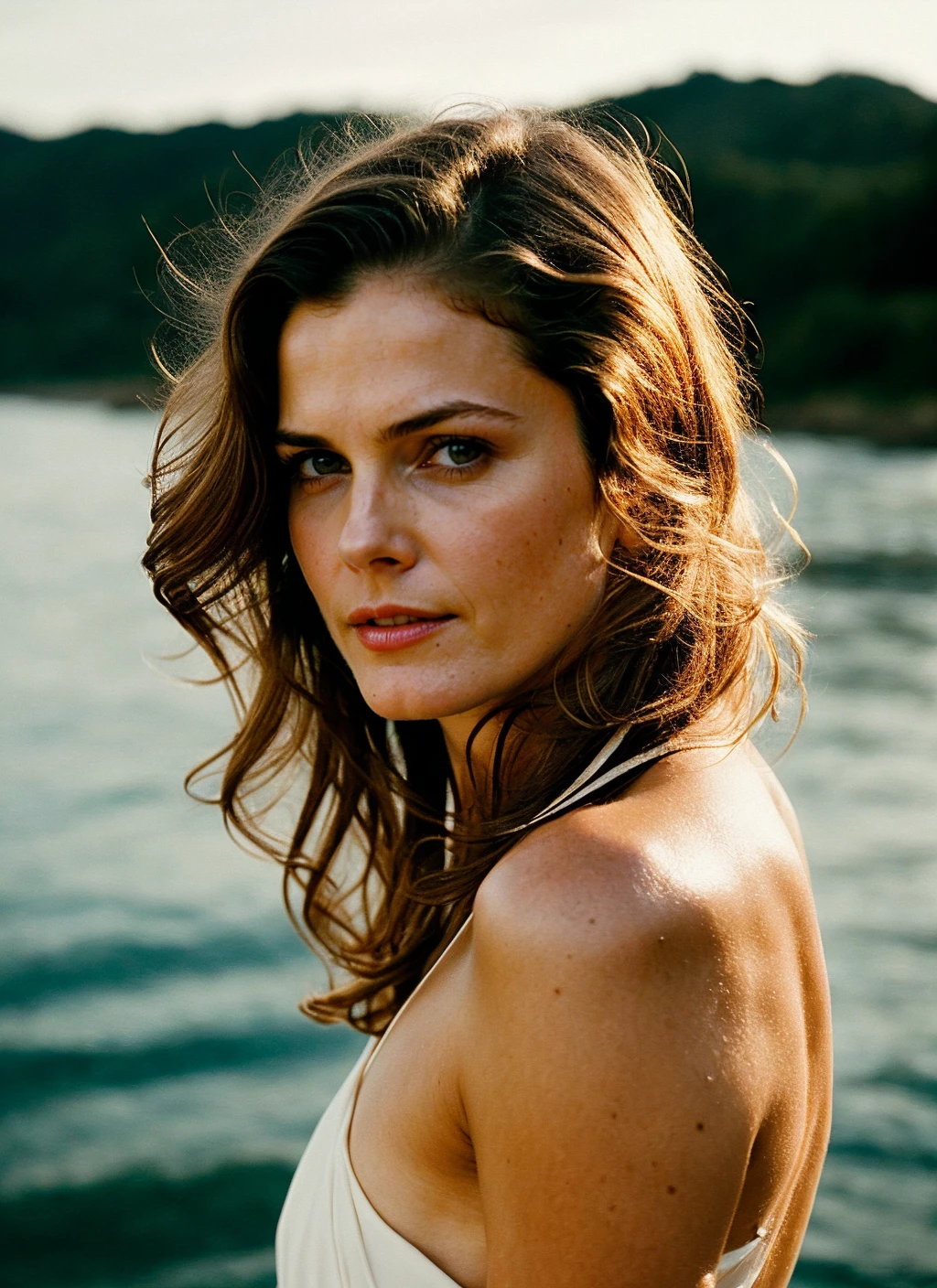 Keri Russell with her hair up in a lake completely naked and smiling