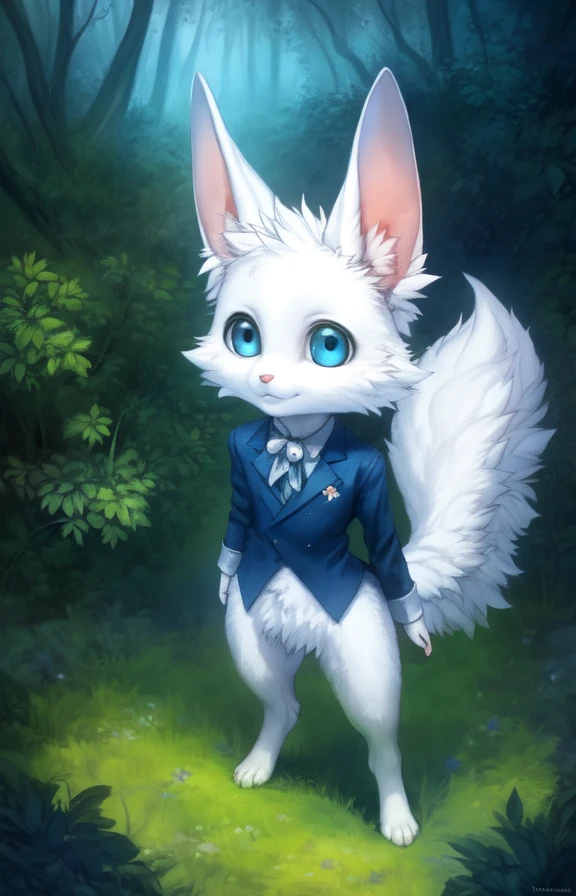 <lora:NaviTDKPrin1:0.85> White fur, fluffy tail, blue eyes, blue jacket,  solo,   looking at viewer, to his full height,  (Hands on hips, standing,)
(beautiful, aesthetic, perfect, delicate, intricate, masterpiece, )  textured fur, [Forest, clouds, bushes,]    
[by kenket|by totesfleisch8], by thebigslick:by silverfox5213:0.8], [by syuro, by paloma-paloma::0.2, (Tricksta, TotesFleisch8)