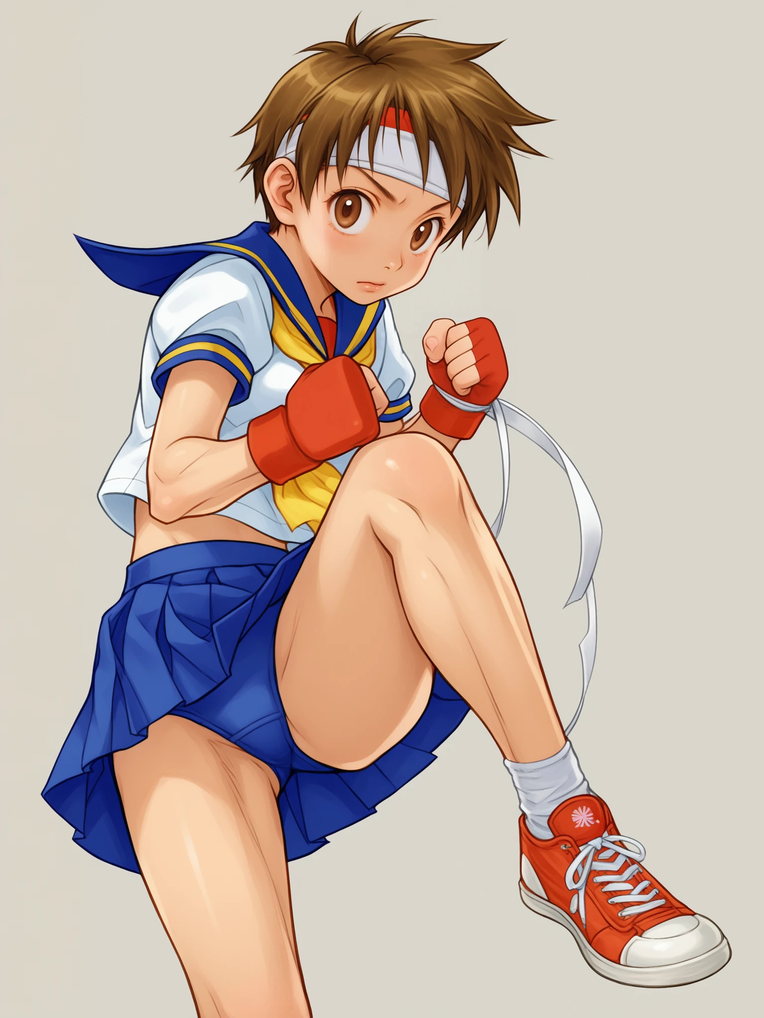 source_anime, in kinu-sensei artstyle, 1girl, blue sailor collar, brown eyes, brown hair, buruma, clenched hands, fingerless gloves, gloves, headband, kasugano sakura, midriff, neckerchief, school uniform, serafuku, shoes, short hair, simple background, skirt, sneakers, solo, <lora:Kinu_Nishimura_Capcom_Style_LoRA_Pony-000010:0.85>