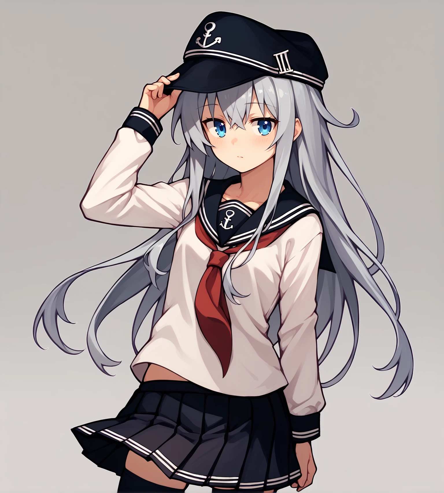 score_9, score_8_up, score_7_up, score_6_up, score_5_up, score_4_up, BREAK, cowboy shot, solo,
<lora:hibikiv2-000009:1>, hibikikc, hibikioutfitkc, long hair, serafuku, black hat, grey hair, blue eyes, black thighhighs, pleated skirt,