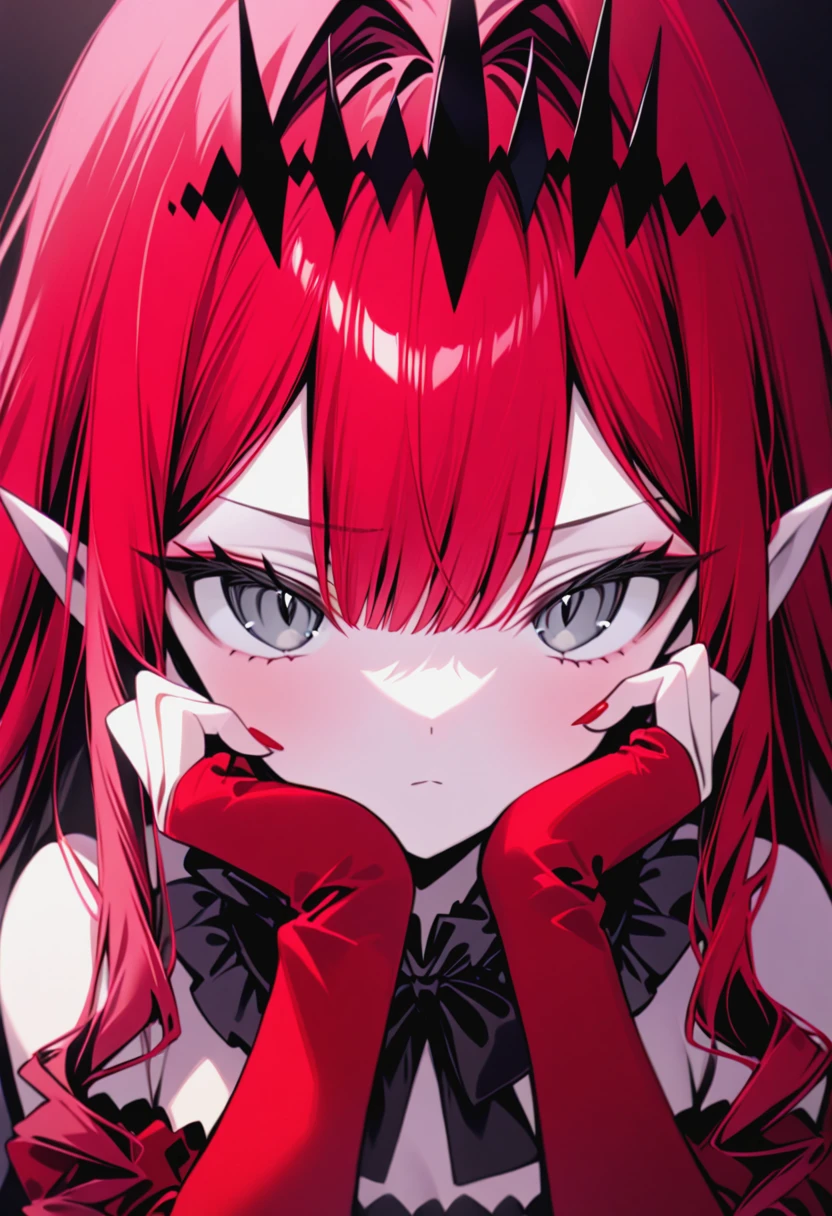 1girl,bare_shoulders,black_background,black_bow,black_bowtie,black_tiara,blurry,bow,bowtie,closed_mouth,collar,depth_of_field,expressionless,frilled_collar,frills,grey_eyes,hair_between_eyes,hair_intakes,hands_on_own_face,hands_up,long_hair,long_sleeves,looking_at_viewer,nail_polish,pale_skin,<lora:baobhan-sith-fate-xl:0.6>,baobhan-sith-(fate),<lora:anime enhancer V3 xl:1>,detailed,skin,texture,pointy_ears,portrait,red_hair,red_nails,red_sleeves,simple_background,sleeves_past_wrists,solo,tiara,torn,