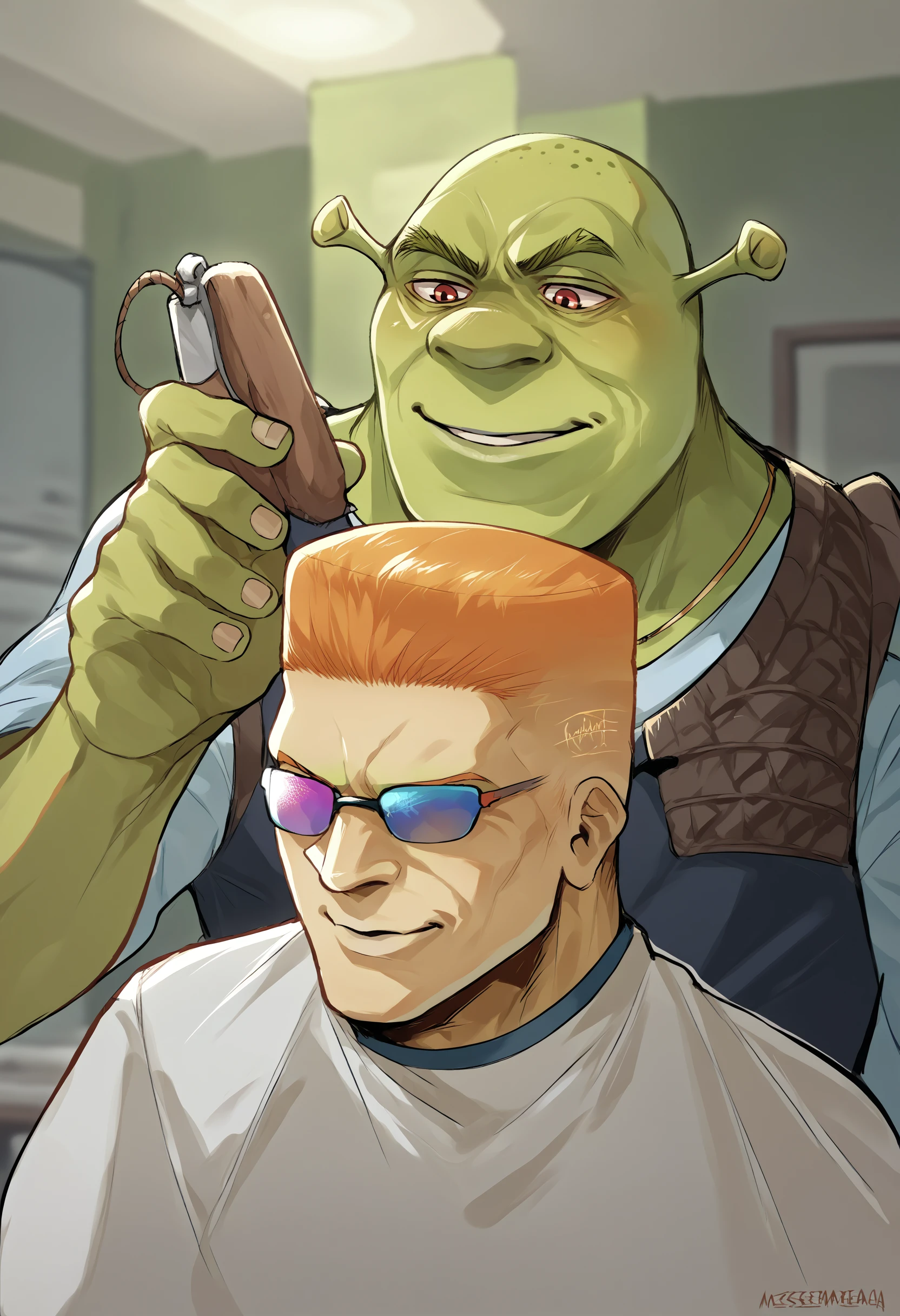 score_9, score_8_up, score_7_up, source_anime, 2boys, IncrsHaircutMeme, smile, holding, <lora:HaircutMeme_XLPD:0.55>
BREAK <lora:Shrek_XLPD:1> shrek, green skin,
BREAK  <lora:albertwesker-guy-PONYv1:1>, albertwesker, sunglasses,