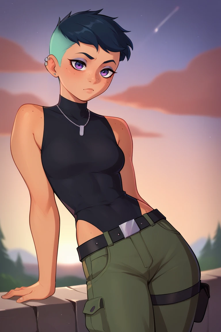 score_9, score_8_up, score_7_up, BREAK, 1girl, solo,  breasts, <lora:rileyfairfeather-guy-PONYv1:.9>, rileyfairfeather, dark skin, undercut, multicolored hair, freckles, makeup, piercing, black leotard, cargo pants, sunset, leaning back, outdoors, lens flare, depth of field, belt, sleeveless, green pants,