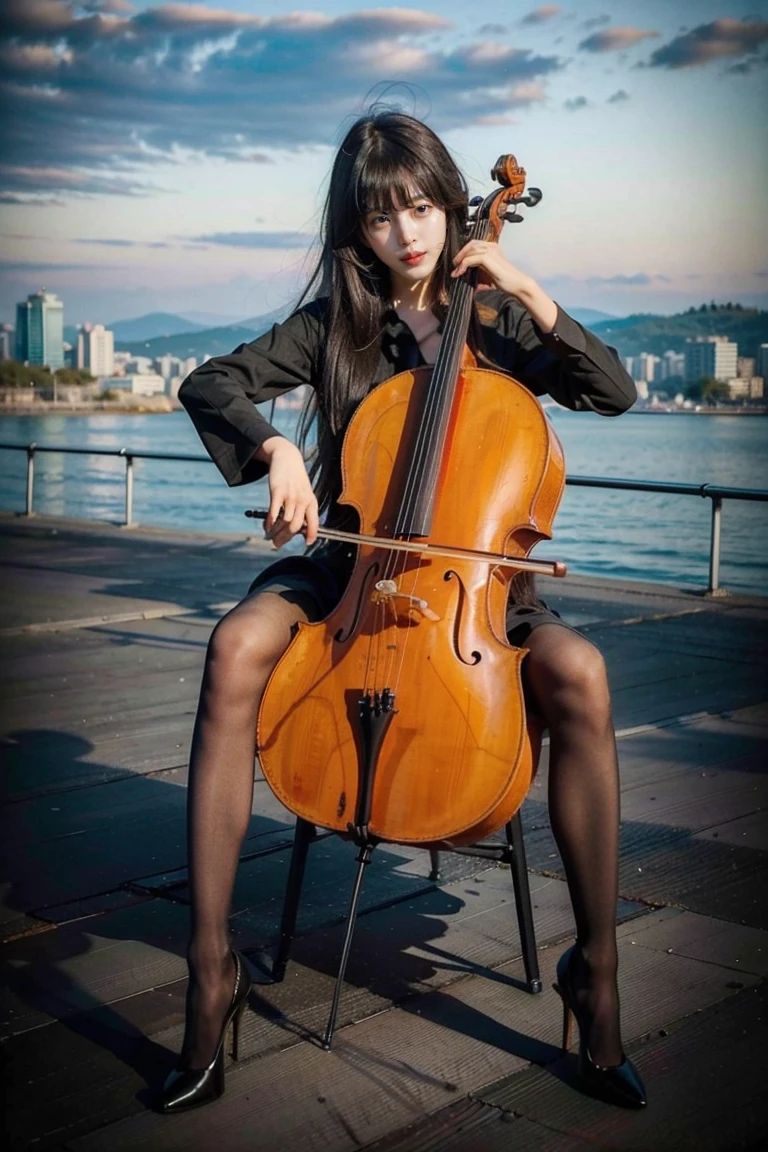 1girl, playing cello, cello,bow \(music\),

(pantyhose, high-heels, long and slender and beautiful legs),  black hair, sitting, outdoor, bare arms, 
 __str2__, __str1__, masterpiece, best quality,8k