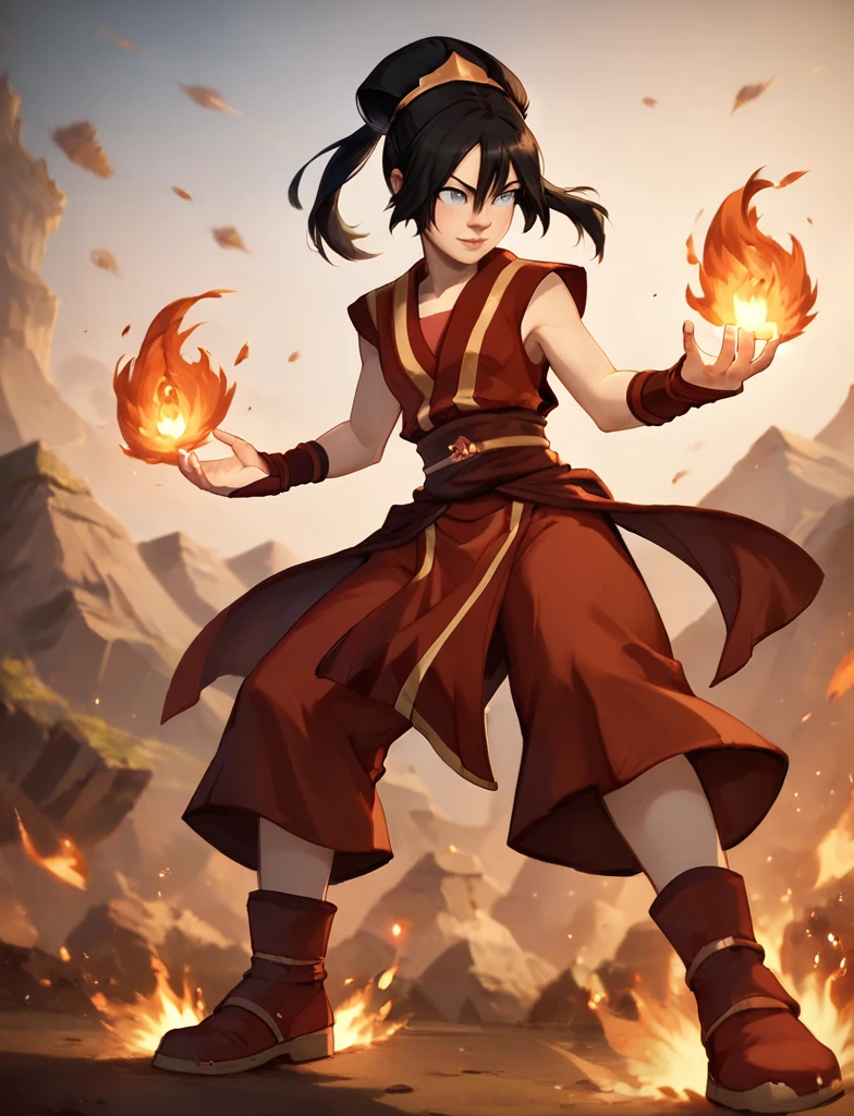 score_9, score_8_up, score_7_up,
 fire nation clothing,solo,black hair,1girl,female focus,fire
, <lora:Toph_ponyXL:0.6>