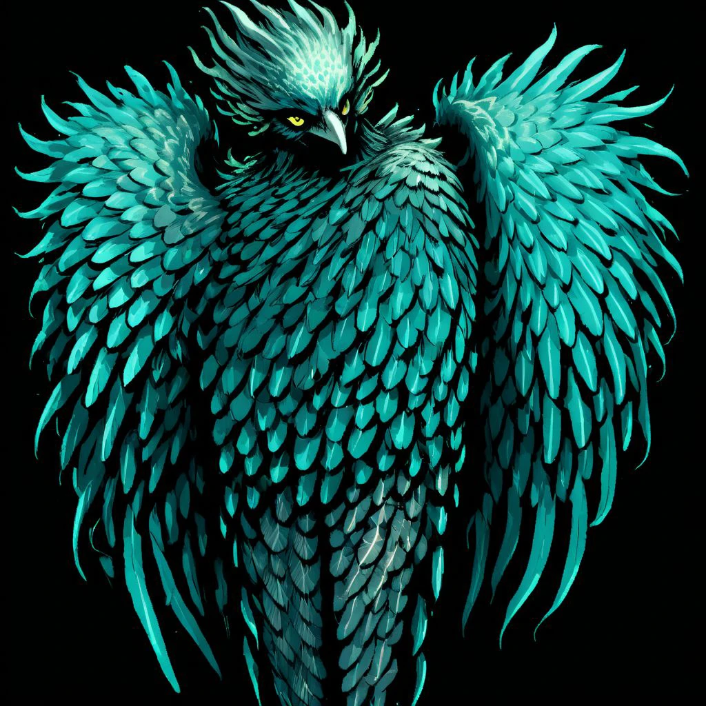 wizardry, illustration, beautiful Female monster, Humanoid  Creature, feathers, long bird leg talons, black background, tattoos, holding a spear, mythical, mint turquoise color palette, Harpy