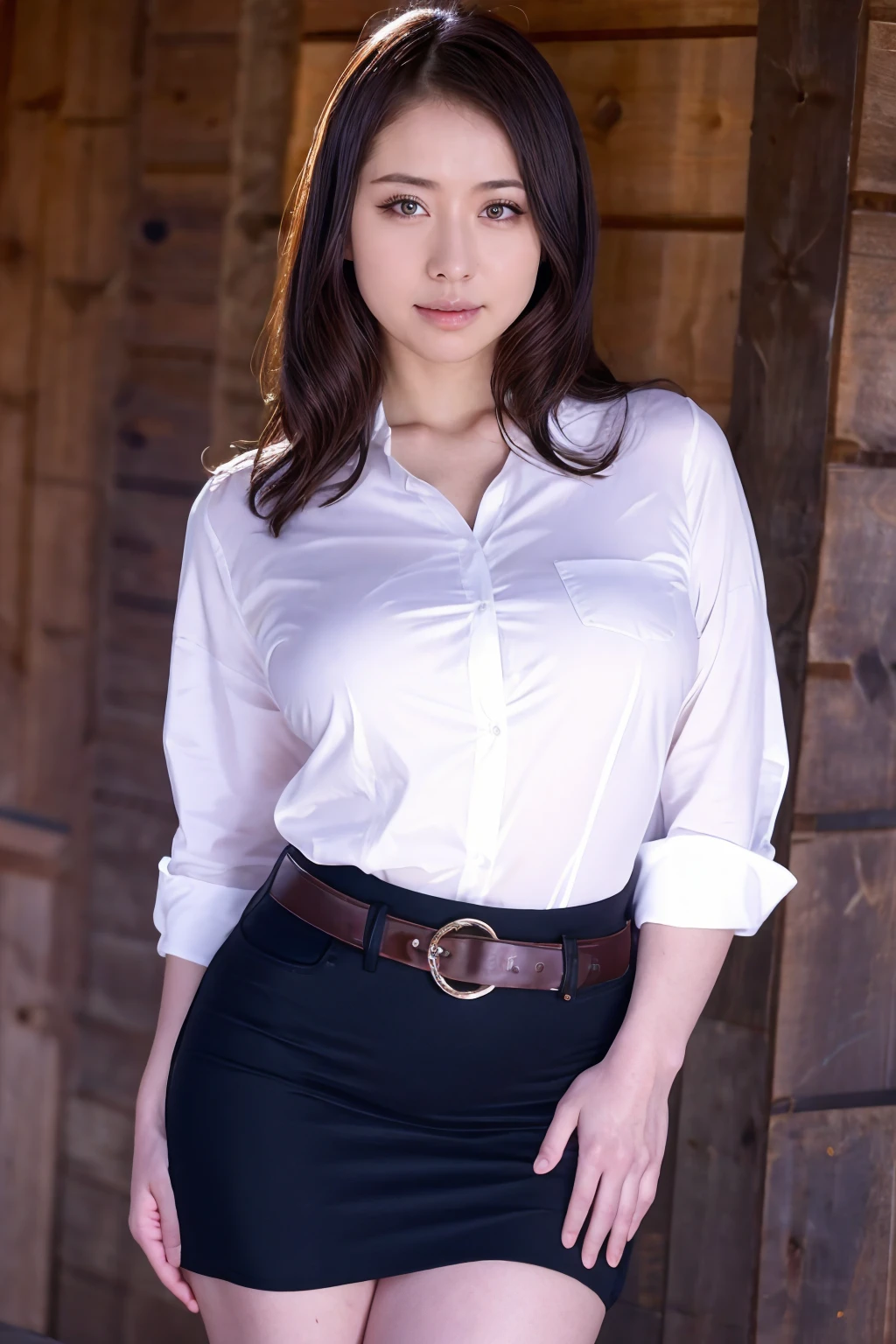 1girl, mature woman, kaedeniiyama_jav, breasts, long hair, natural makeup, <lora:JAV_Kaede_Niiyama_v1_epoch_10:0.85>
looking at viewer, shot using canon DSLR, cowboy shot, white blouse, black skirt, belt,
detailed body, attractive body, perfect human body, realistic face, chubby face,
(ultimate quality, masterpiece, highres:1.0), realistic:1.8, photorealistic,