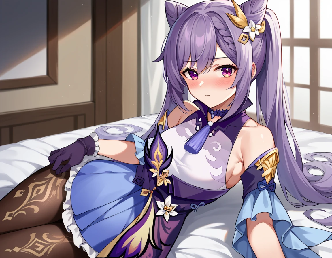 score_9, score_8_up, score_7_up, source_anime,
keqing, <lora:genshin-keqing-ponyxl-lora-nochekaiser:1>,
keqing, braid, cone hair bun, hair bun, hair ornament, long hair, purple eyes, purple hair,
bare shoulders, black pantyhose, detached sleeves, dress, gloves,
indoors, bed, bed room, on side, blush, drunk,
looking at viewer, cowboy shot, dutch angle,