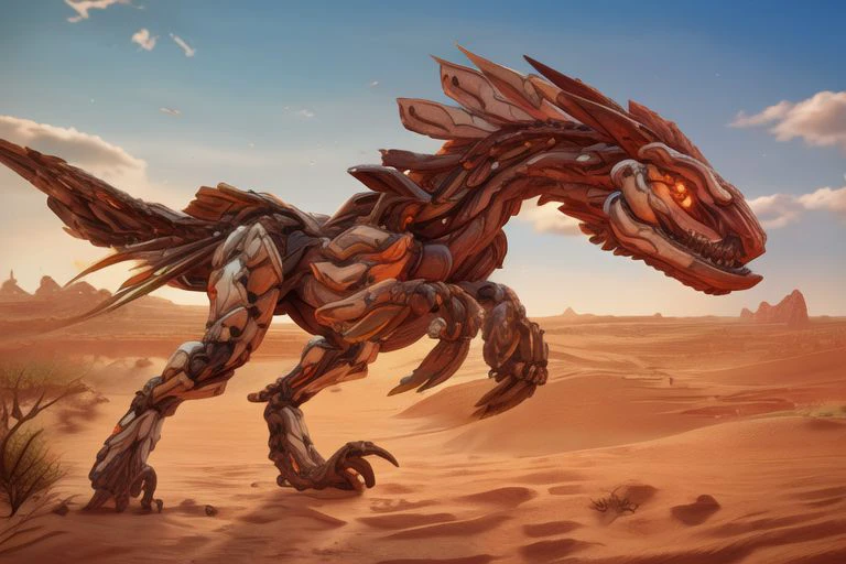 (8k, hd, crisp, sharp details, Highly detailed, detailed, realistic, best quality, clawstrider, raptor, robot, outside, desert, day, blue sky