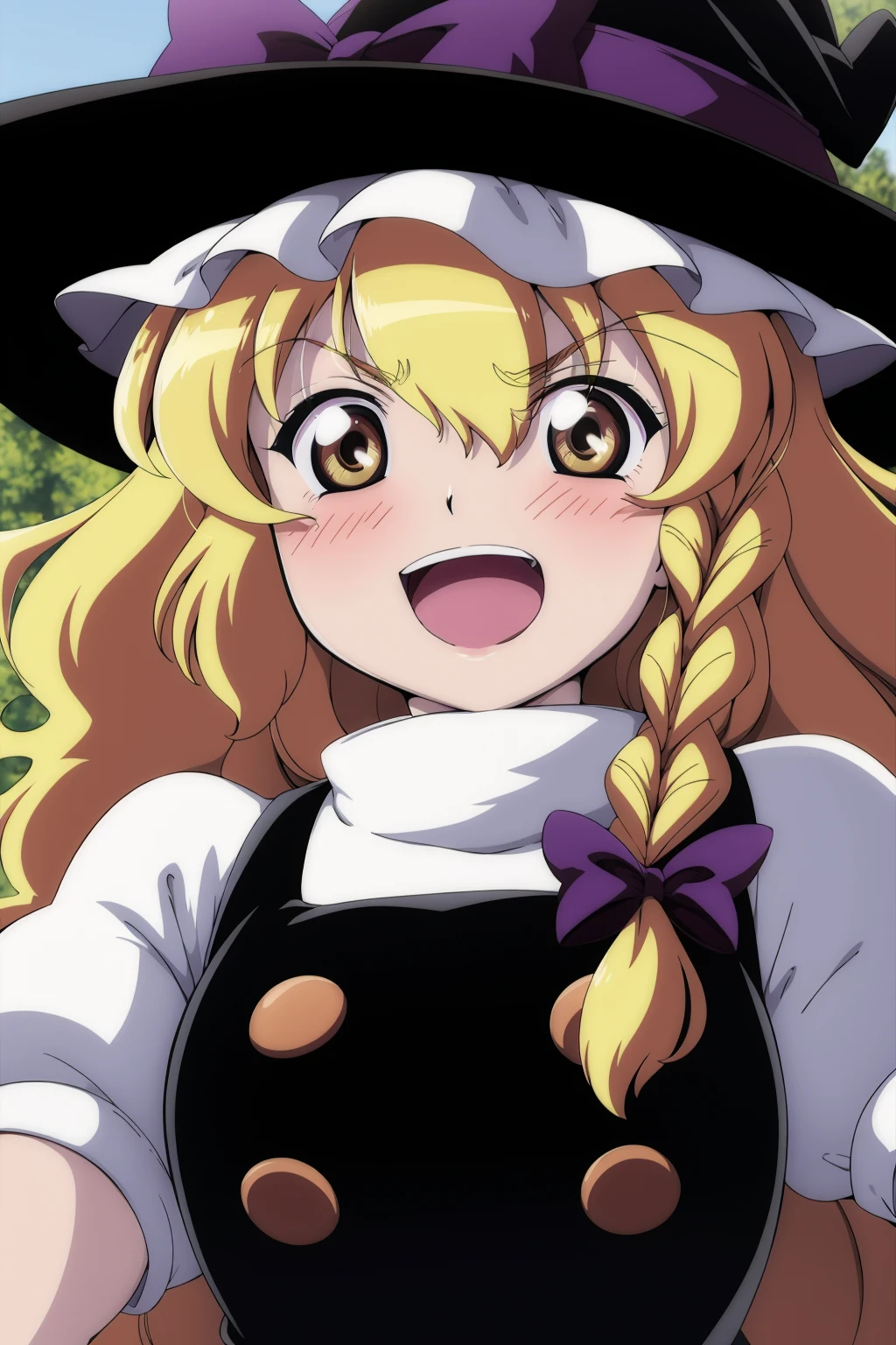 masterpiece, best quality, <lora:tgm-v2:1>,pixiv,1girl, kirisame marisa, blonde hair, hat, solo, open mouth, witch hat, yellow eyes, braid, smile, bow, :d, parody, broom, style parody, long hair, hair bow, looking at viewer, blush, single braid, puffy sleeves, turtleneck, upper body, side braid, ribbon, v-shaped eyebrows