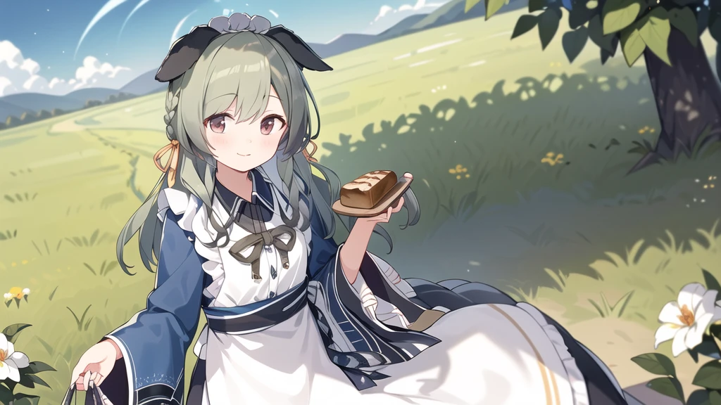 masterpiece, best quality, ultra detail,(1girl), <lora:umika:0.8>,apron,holding food, braid, cat, tree, blue sky, closed mouth, animal, collared shirt, flower field, scenery, mountain, bread, cup, long hair, twin braids, mountainous horizon, looking at viewer, basket