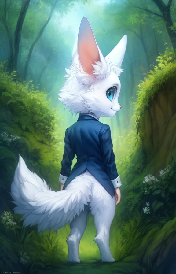 <lora:NaviTDKPrin1:0.85> White fur, fluffy tail, blue eyes, blue jacket,  solo,   looking at viewer, to his full height,  ( armpit, ass, rear view,)
(beautiful, aesthetic, perfect, delicate, intricate, masterpiece, )  textured fur, [Forest, clouds, bushes,]    
[by kenket|by totesfleisch8], by thebigslick:by silverfox5213:0.8], [by syuro, by paloma-paloma::0.2, (Tricksta, TotesFleisch8)