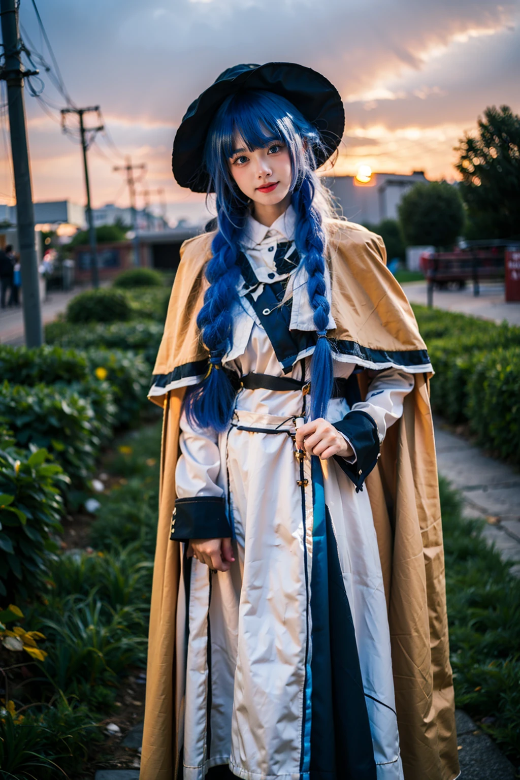 best quality,masterpiece,1girl,roxy migurdia,solo,long hair,looking at viewer,hat,smile,bangs,blue eyes,blue hair,braid,cape,twin braids,brown cape,realistic,outdoors,sunset,day,cloud,
,<lora:RoxyMigurdia_v1_wd14-000010:0.7>