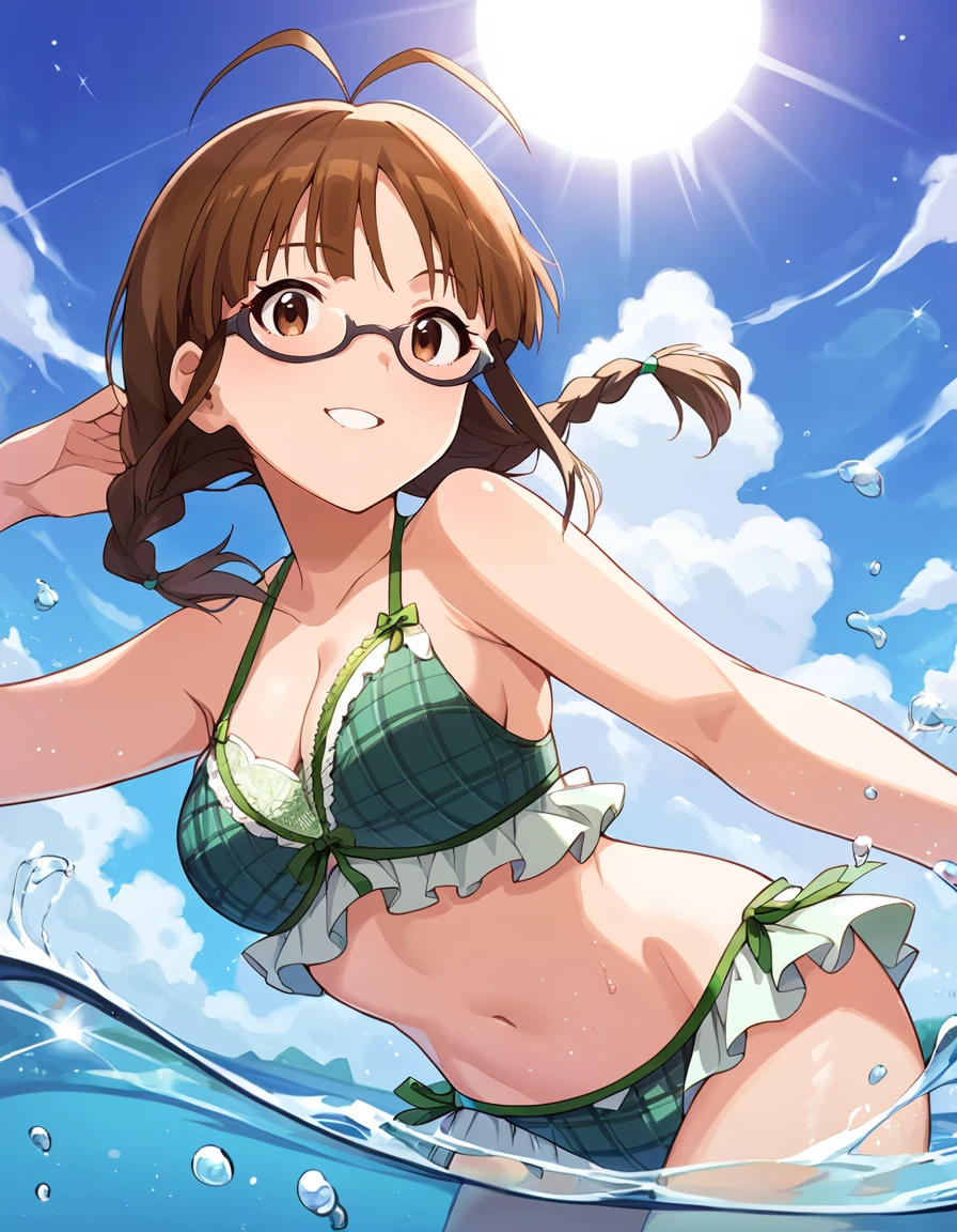 score_9, score_8_up, score_7_up, source_anime,
pinup of 1girl, solo, dating, turning back, looking at viewer, smile, parted lips,  dynamic pose, water, submerged, splash,
outdoors, summer, day, sun, sunbeam, blue sky,
 <lora:AkizukiRitsuko_pony_v1:0.9>
akzkrtk, long hair, brown hair, twin braid, bangs, antenna hair, brown eyes, glasses, medium breasts, 
green bikini, layered bikini, plaid, lace trim,