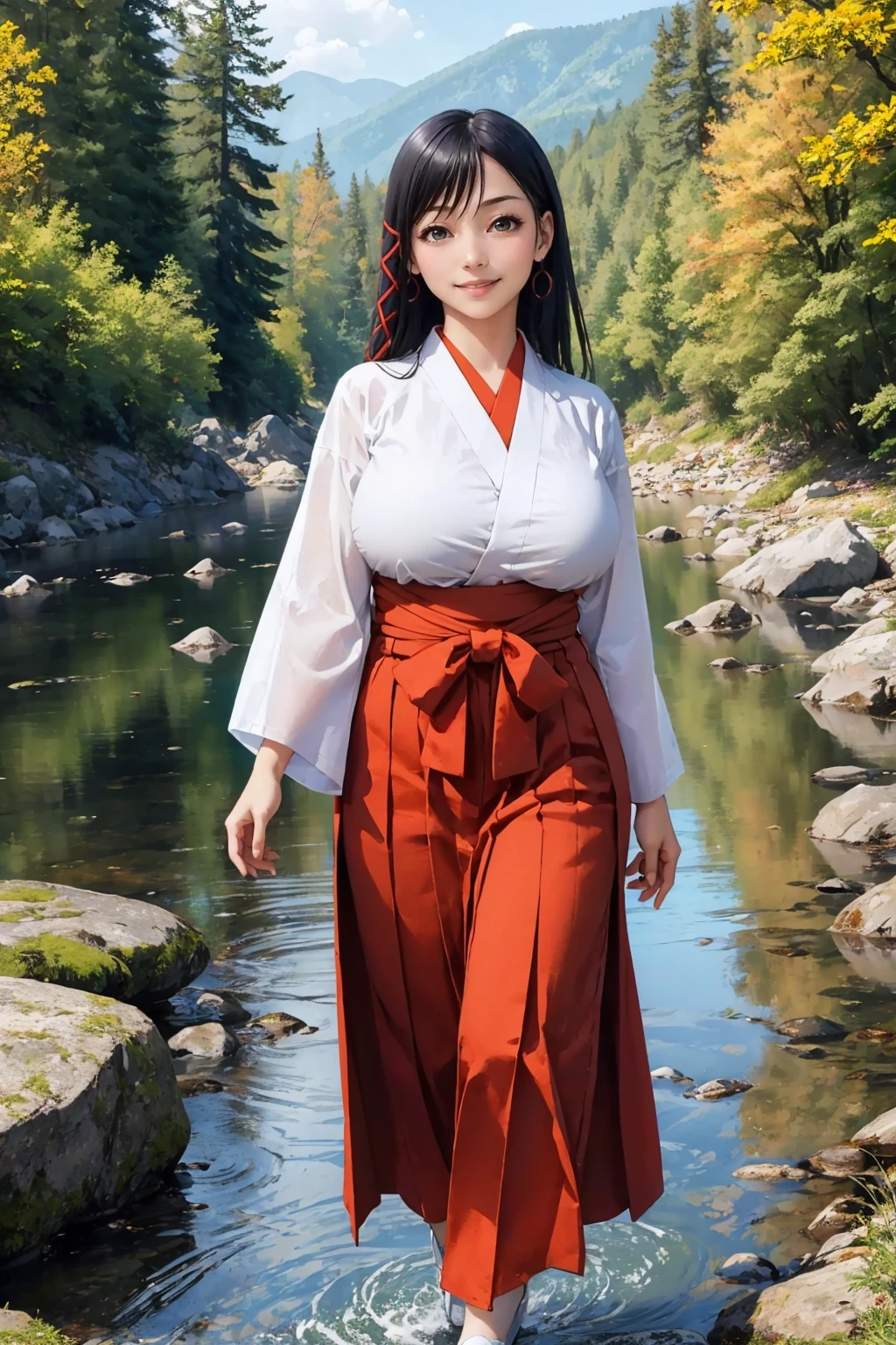 masterpiece, best quality, 1girl, <lora:amagamiyae-nvwls-v1-000008:0.9> amagamiyae, hair ribbon, japanese clothes, white sleeves, wide sleeves, red hakama skirt, large breasts, smile, looking at viewer, river, rocks, blue sky, forest, walking