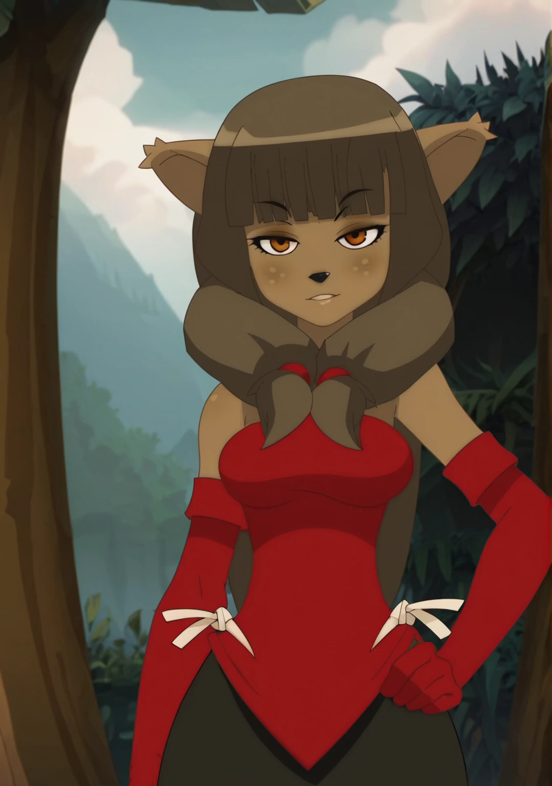 score_8_up, score_7_up, anime screenshot, looking at viewer, upper body, forest
<lora:Miranda (Autism XL Mix)-000009:0.8> 1girl, , miranda \(wakfu\), furry, animal ears, brown hair, blunt bangs, long hair, red eyes, light freckles, mirandadress, red dress, black long skirt, red detached sleeves,
hand on own hip,