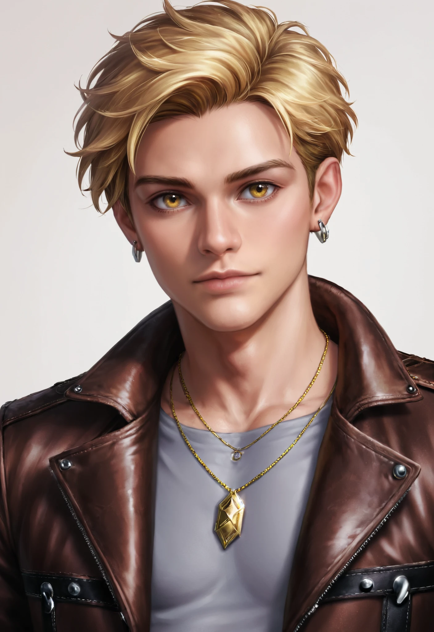 solo, looking at viewer, short hair, blonde hair, simple background, shirt, 1boy, jewelry, closed mouth, jacket, yellow eyes, upper body, male focus, earrings, necklace, portrait, brown jacket, realistic, nose, leather, leather jacket