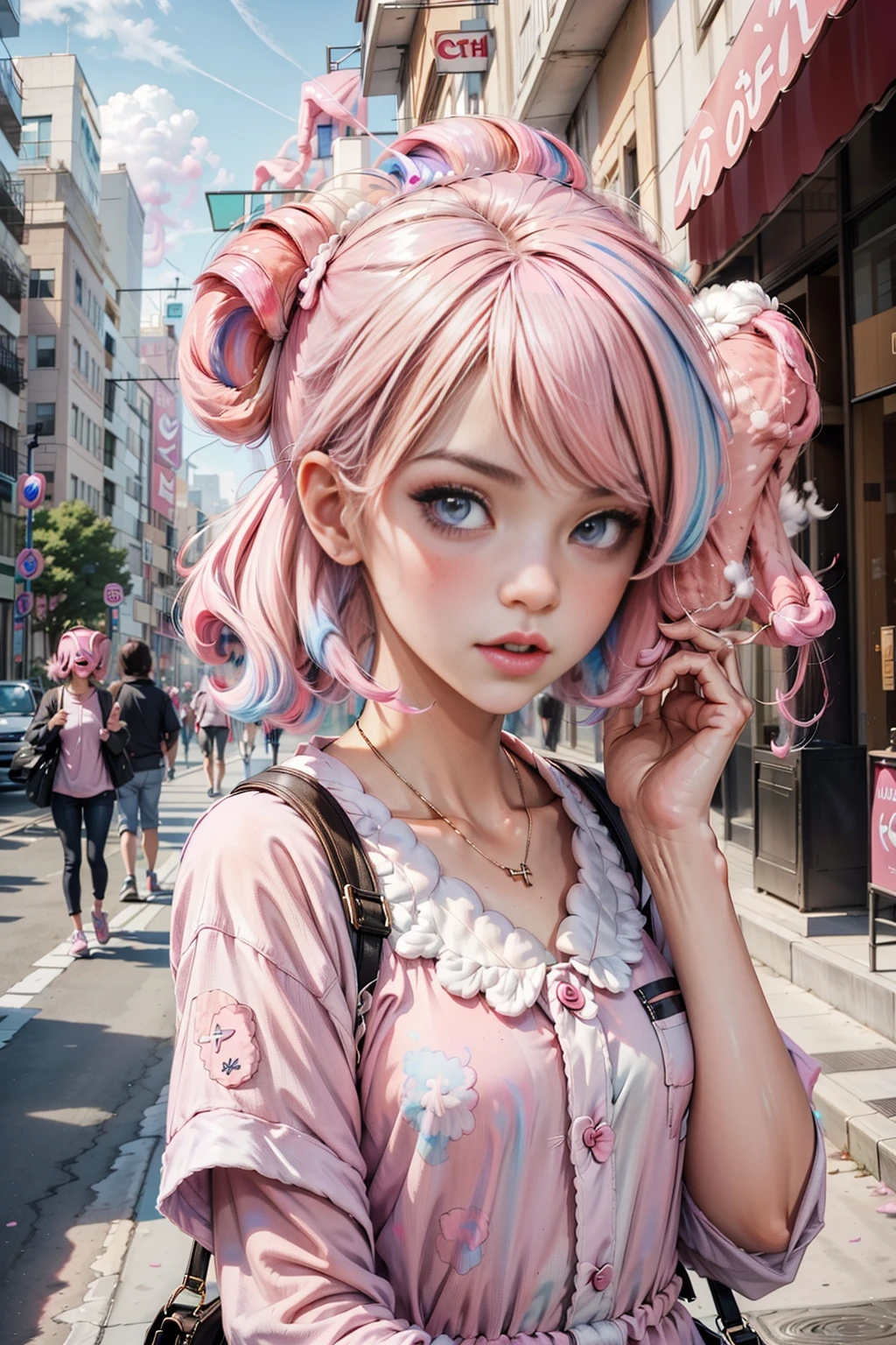 <lora:CottonCandyWorld:1> (CottonCandyWorld:1.1) 1girl ( face lookup:1.3)  (walking:1.3) (city:1.1)