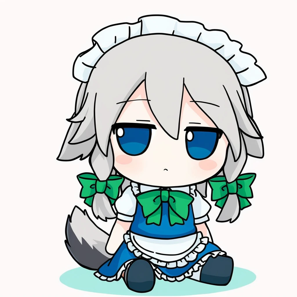 <lora:xl_fumo_(doll)(a3.1) :1>,1girl, izayoi sakuya, solo, grey hair, blue eyes, maid headdress, animal ears, apron, bow, white background, green bow, simple background, hair bow, maid, dress, blue dress, waist apron, twin braids, braid, chibi, sitting, short hair, short sleeves, bowtie, dog ears, white apron, closed mouth, maid apron, frills, tail, green bowtie, masterpiece,best quality,
