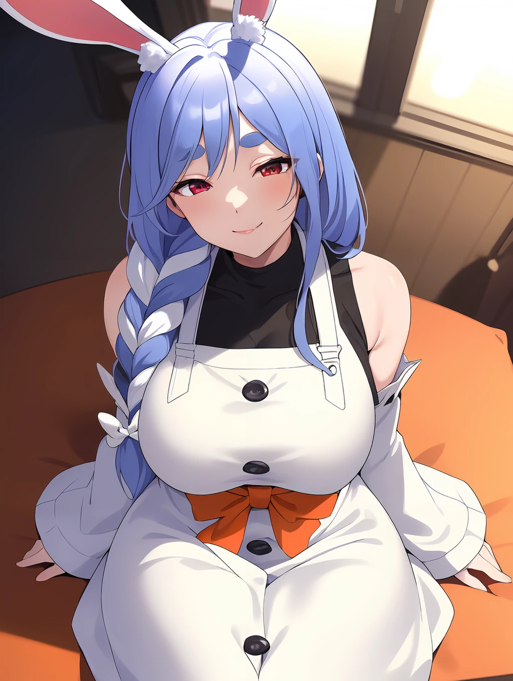(masterpiece, best quality:1.2),illustration,8k,hd,1girl,solo,upper body,(portrait:1.2),large breasts,blue eyes,long hair,avrora (azur lane),hat,pantyhose,black pantyhose,boots,belt,twin braids,braid,fur hat,white footwear,knee boots,white headwear,blush,fur trim,white hair,long sleeves,detached sleeves,bare shoulders,skirt,cleavage,bangs,cross-laced footwear,armpits,lace-up boots,ushanka,black belt,star (symbol),white skirt,ribbon,collarbone,hair between eyes,coat,<lora:Avrora(azur)>,