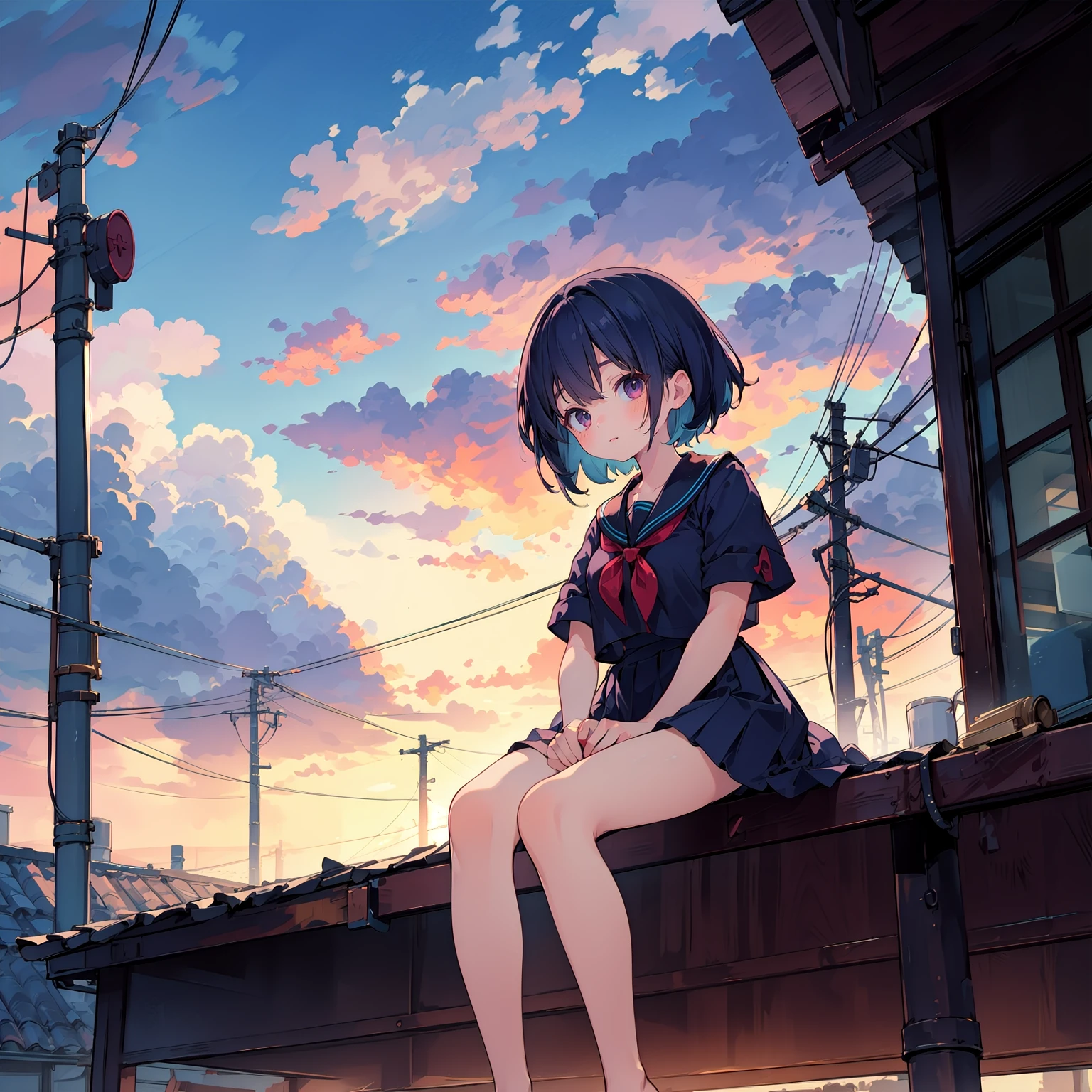 ,, ,, sitting on roof,utility pole, metal wire,destroyed,cloudy sky,window,roof,sunset,  1girl,solo,serafuku,long pleated skirt,barefoot,footdangle,bob cut, short hair, one side up, looking away, v arms,hands on lap,from below