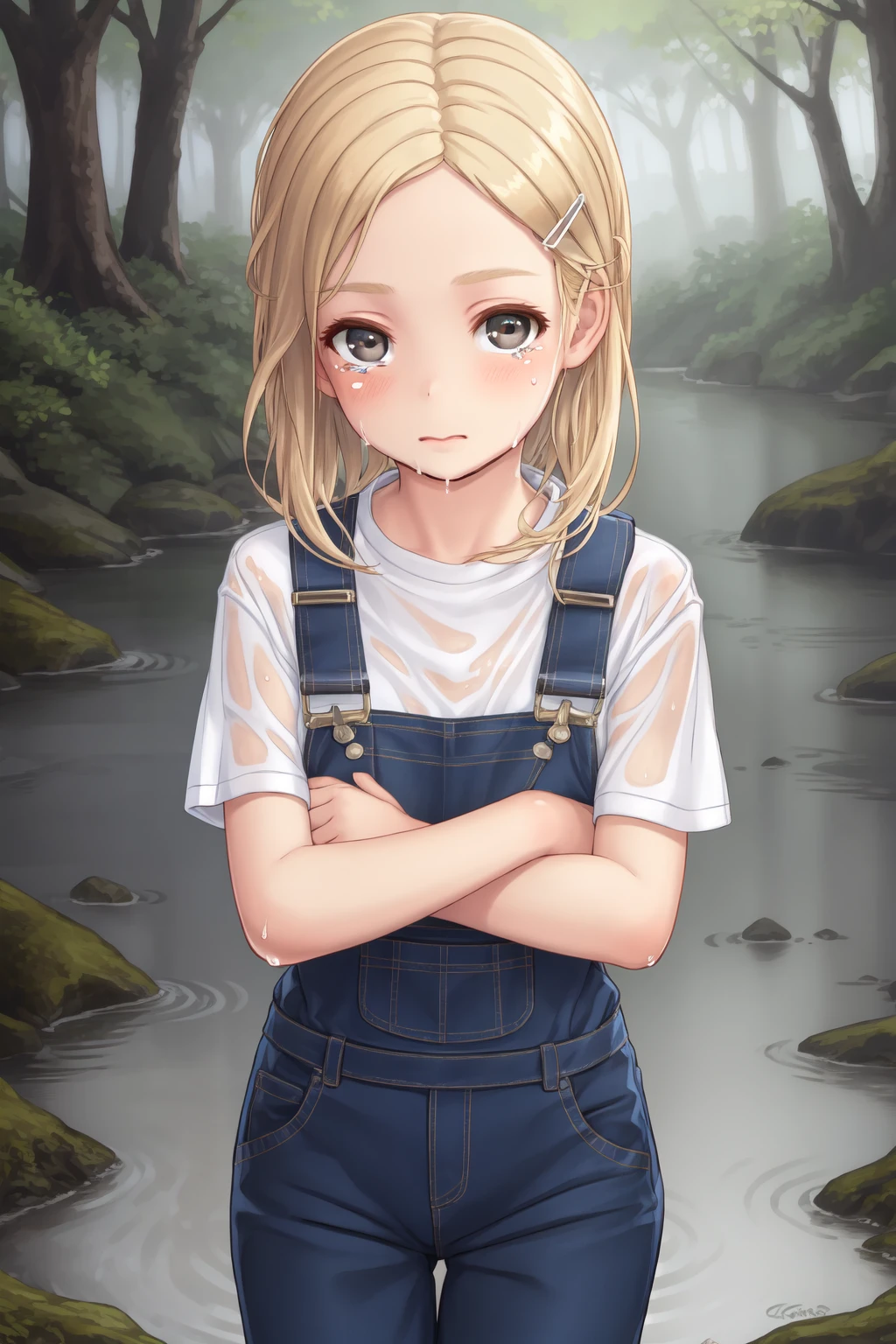 (masterpiece, best quality:1.2), 1girl, (:t:1.2), tearing up, black eyes, blonde hair, twintails, hairclip, forehead BREAK (white t-shirt), pink overalls, crossed arms BREAK (partially submerged:1.1), (wet hair, dripping), (forest, river:1.2)
