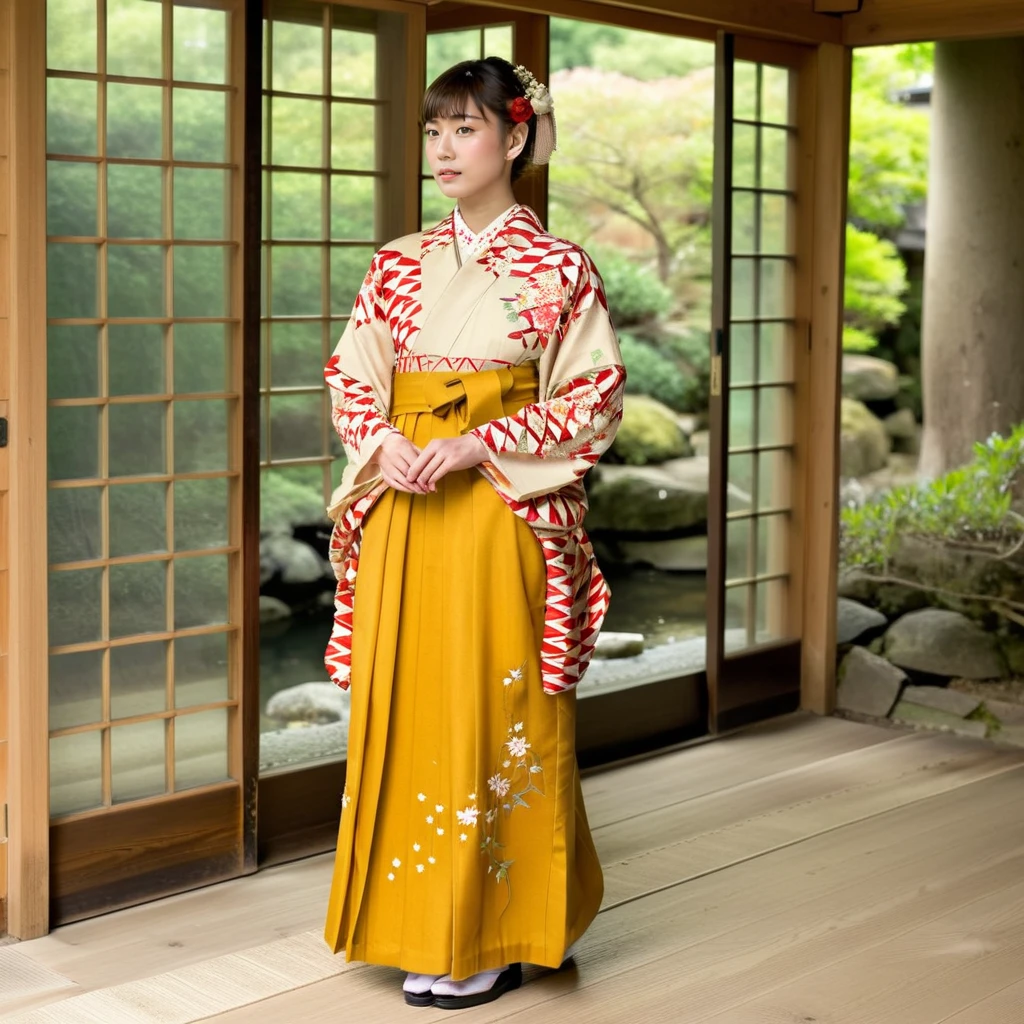 Generate a realistic image of a young girl dressed in Taisho-era clothing, specifically wearing a Hakama rental. Capture the elegance and historical accuracy of the outfit, highlighting the unique design and patterns characteristic of the period. The scene should reflect a serene and culturally rich setting, possibly with traditional Japanese elements in the background like sliding doors or a tranquil garden. Focus on the details of the Hakama, from its flowing fabric to the intricate accessories, showcasing the beauty and grace of traditional Japanese attire,full body, <lora:hakama:0.85>