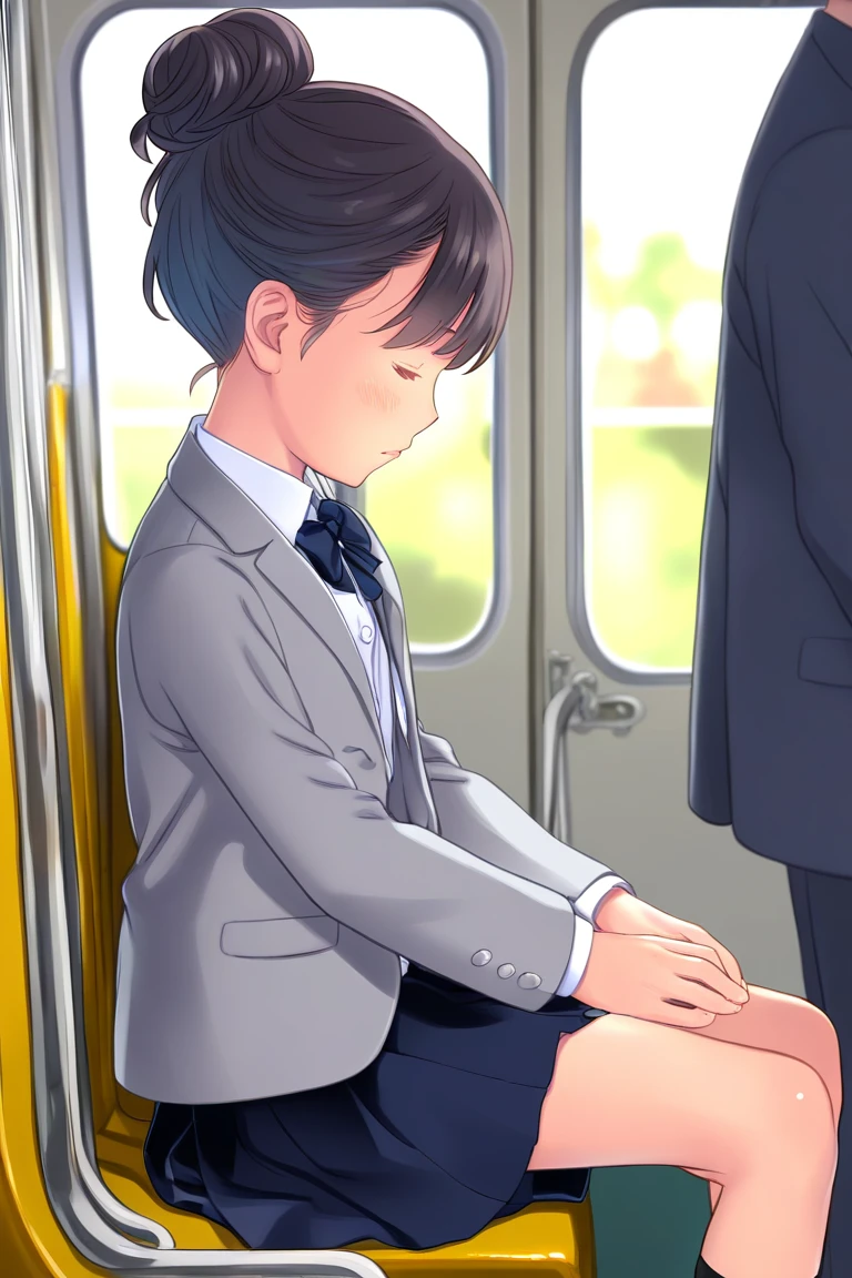 score_9, score_8_up, score_7_up, rating_safe BREAK
1girl, solo, flat chest, single hair bun, dark hair, closed eyes, sleepy, sleeping, grey blazer, white shirt, formal suit, skirt, sitting, (v arms:0.8), public train, train interior, city background, sunset