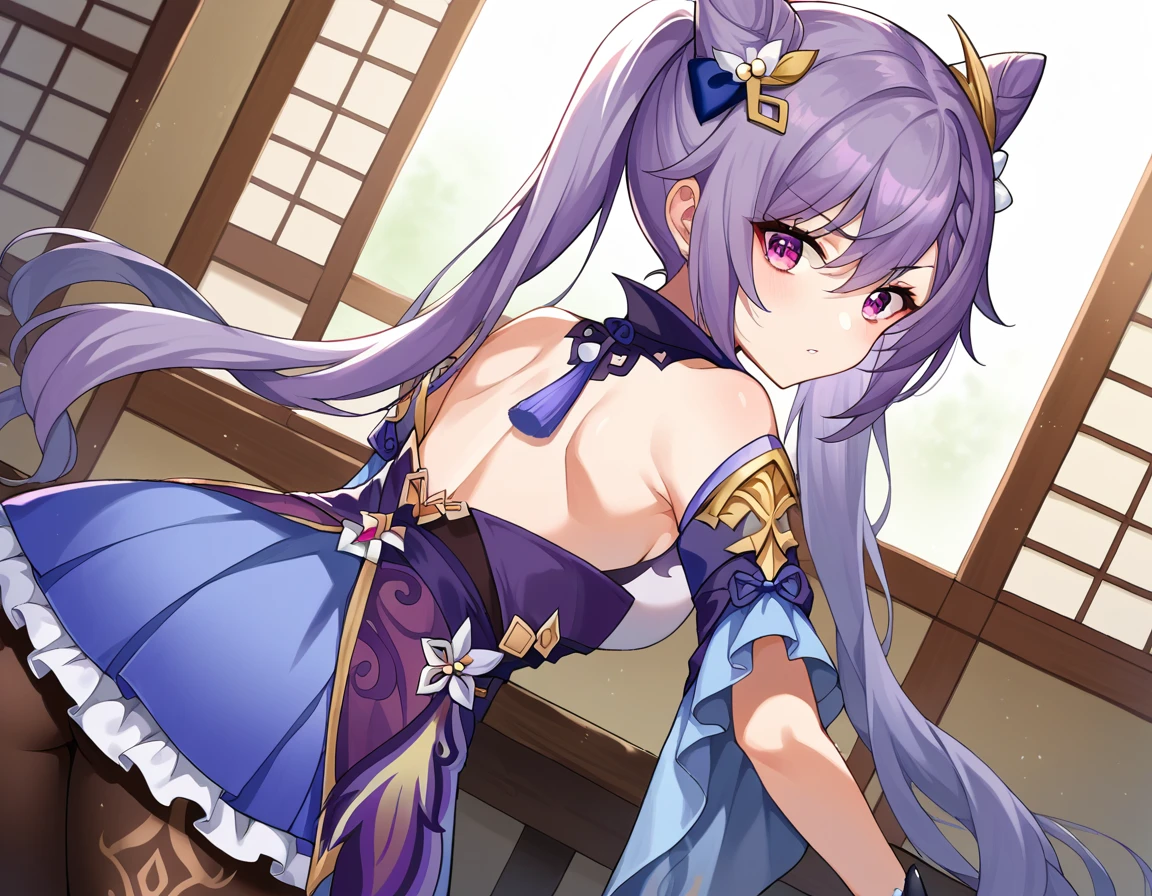 score_9, score_8_up, score_7_up, source_anime,
keqing, <lora:genshin-keqing-ponyxl-lora-nochekaiser:1>,
keqing, braid, cone hair bun, hair bun, hair ornament, long hair, purple eyes, purple hair,
bare shoulders, black pantyhose, detached sleeves, dress, gloves,
indoors, dojo, bent over,
looking at viewer, cowboy shot, dutch angle,